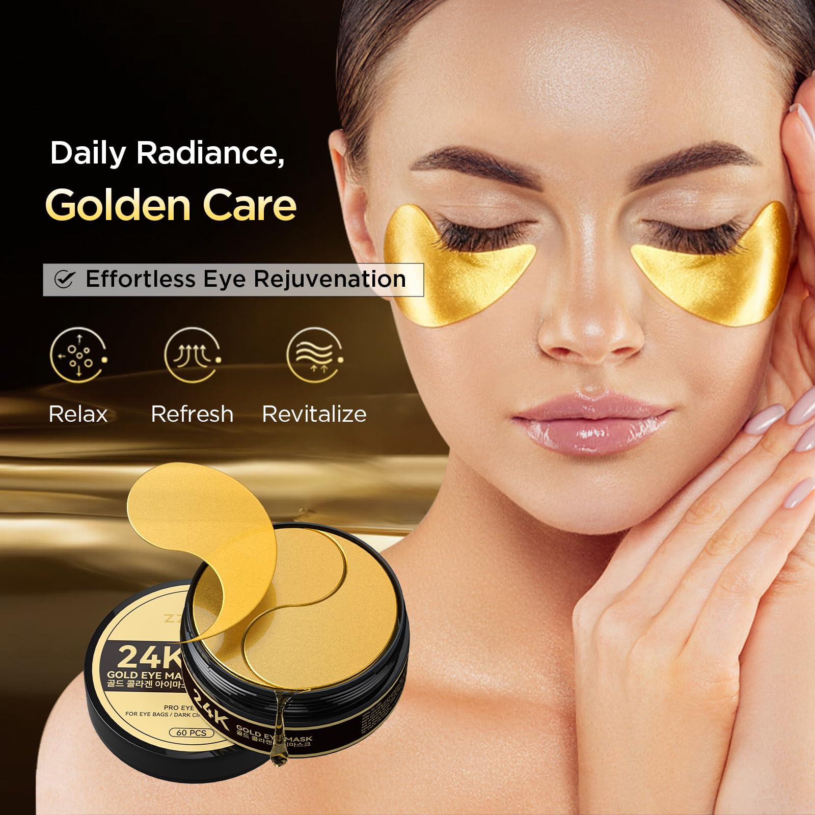 ZZILME 24k Gold Eye Patches - Firming, Glowing & Hydrating Hydrogel Mask for Puffy Eyes, Dark Circles, Wrinkles, Fine Lines, Eye Bags Treatment, Korean Skincare Gifts for Women and Men, 60Pcs