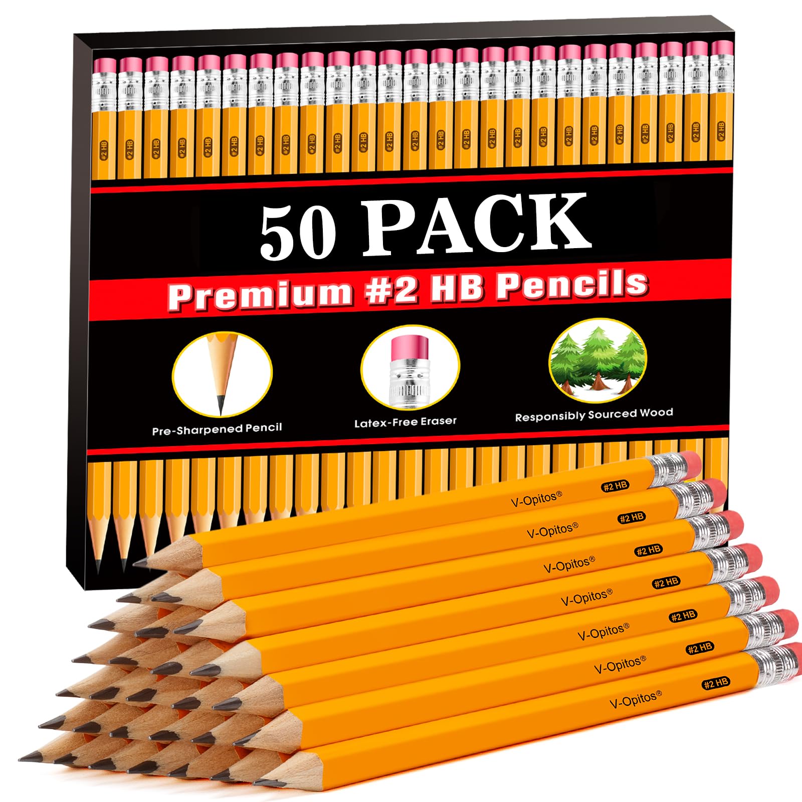 V-Opitos Wood-Cased #2 HB Pencils, 50 Pack Pre-Sharpened Pencils with Top Erasers, Bulk Yellow Pencils for School Teacher Supplies, Writing, Drawing and Sketching