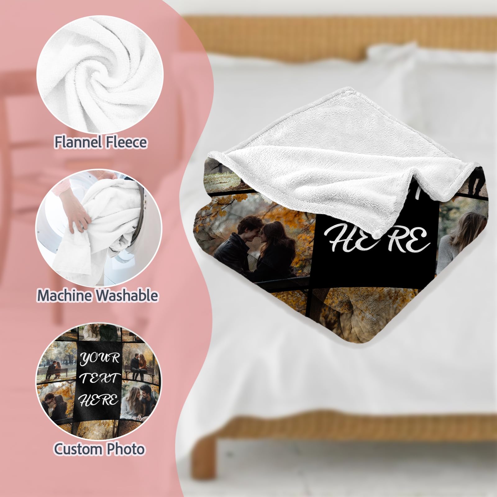 Custom Blanket with Picture Text Personalized Photo Blanket Customized Blanket for Christmas Valentine's Day Birthday Gifts Customized Gifts for Mom Dad Couple Girlfriend Boyfriend Wife Husband