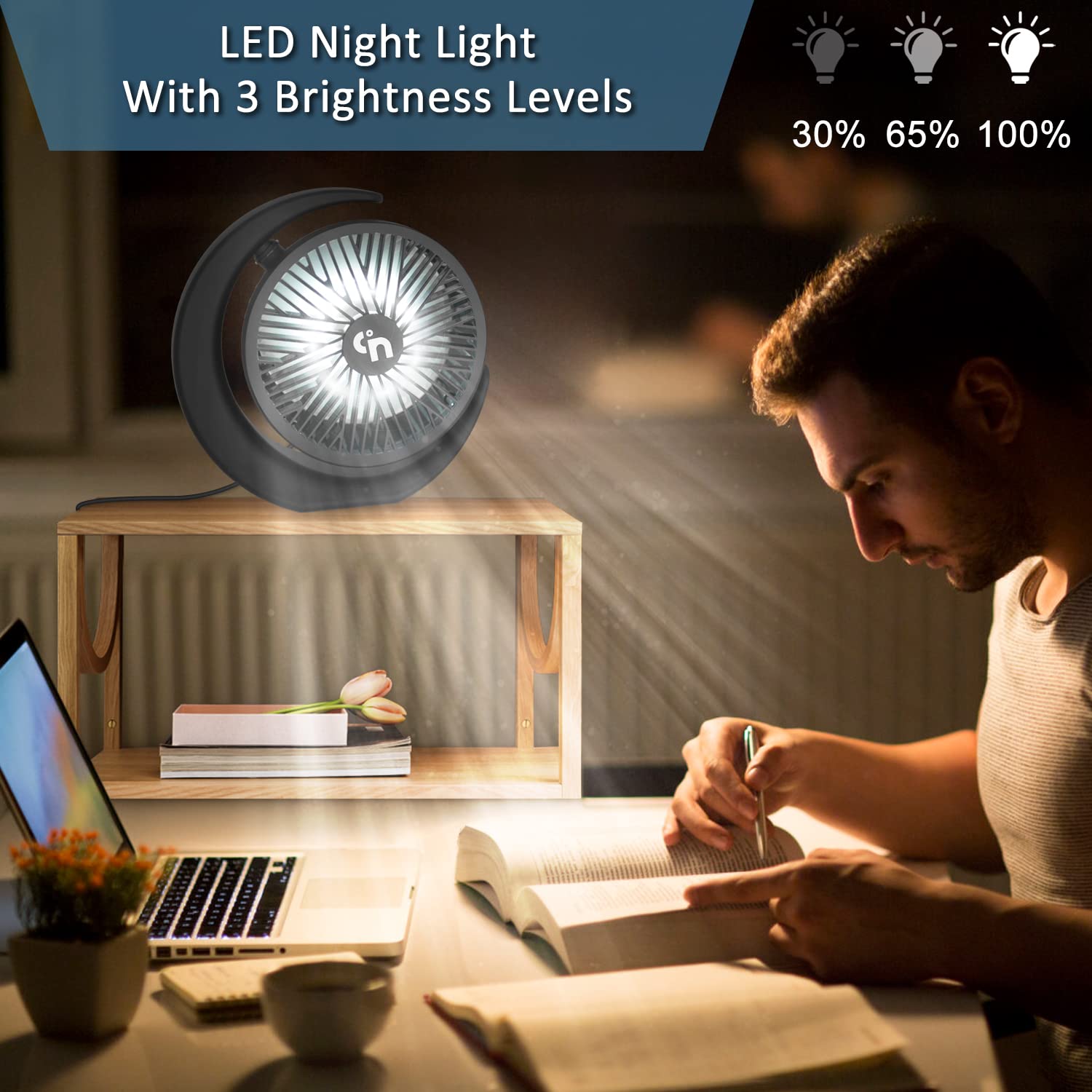 GagetElec USB Desk Fan with LED Night Lights,3 Speeds Desktop Fan,360°Rotation Strong Wind,Quiet Mini USB Cooling Fan Personal Table Fan for Home Office Desktop Office Table 5.3 Inch (T5-09)