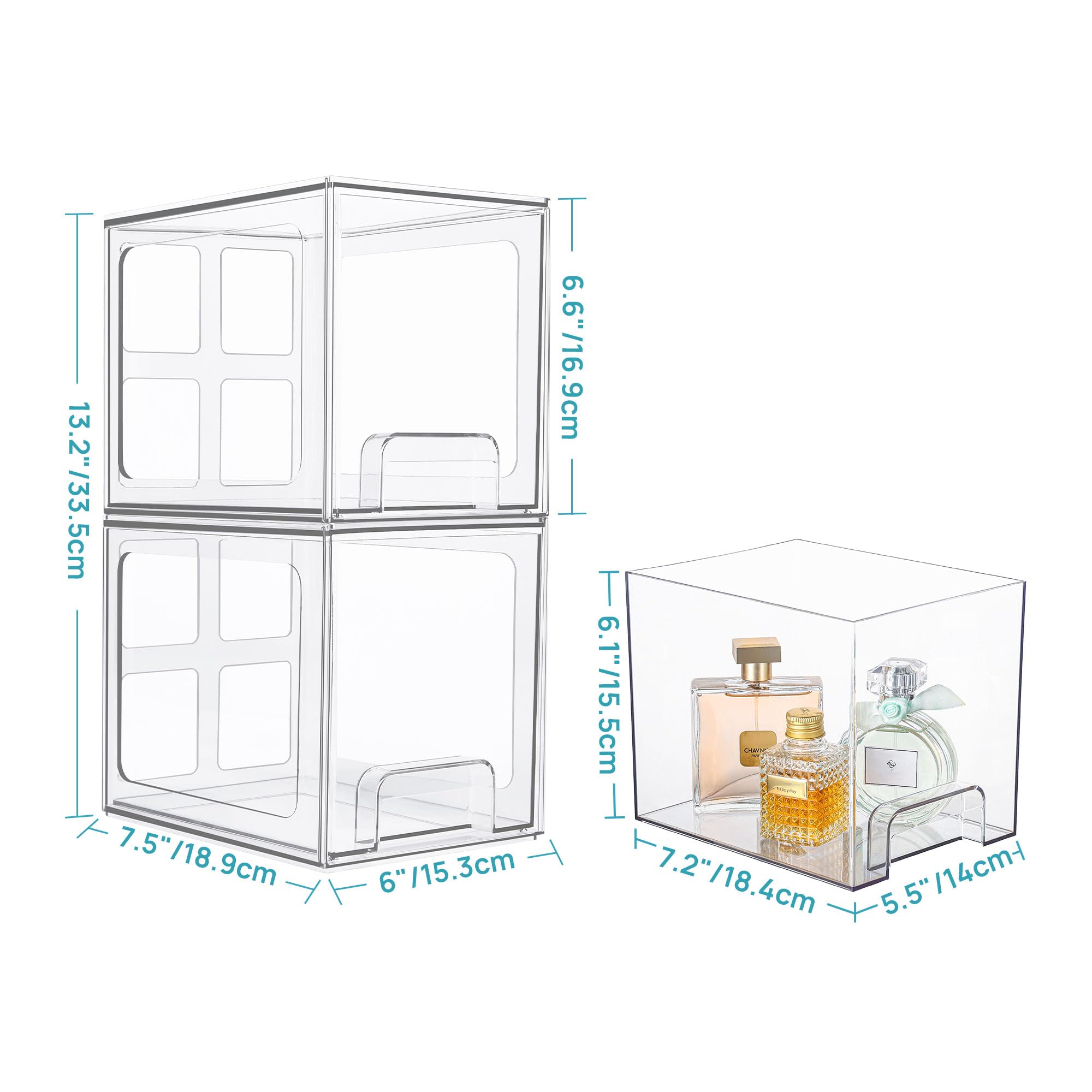 Vtopmart 4 Pack Stackable Storage Drawers, 6.6''Tall Acrylic Bathroom Makeup Organizers,Clear Plastic Storage Bins For Vanity, Undersink, Kitchen Cabinet,Pantry Organization and Storage