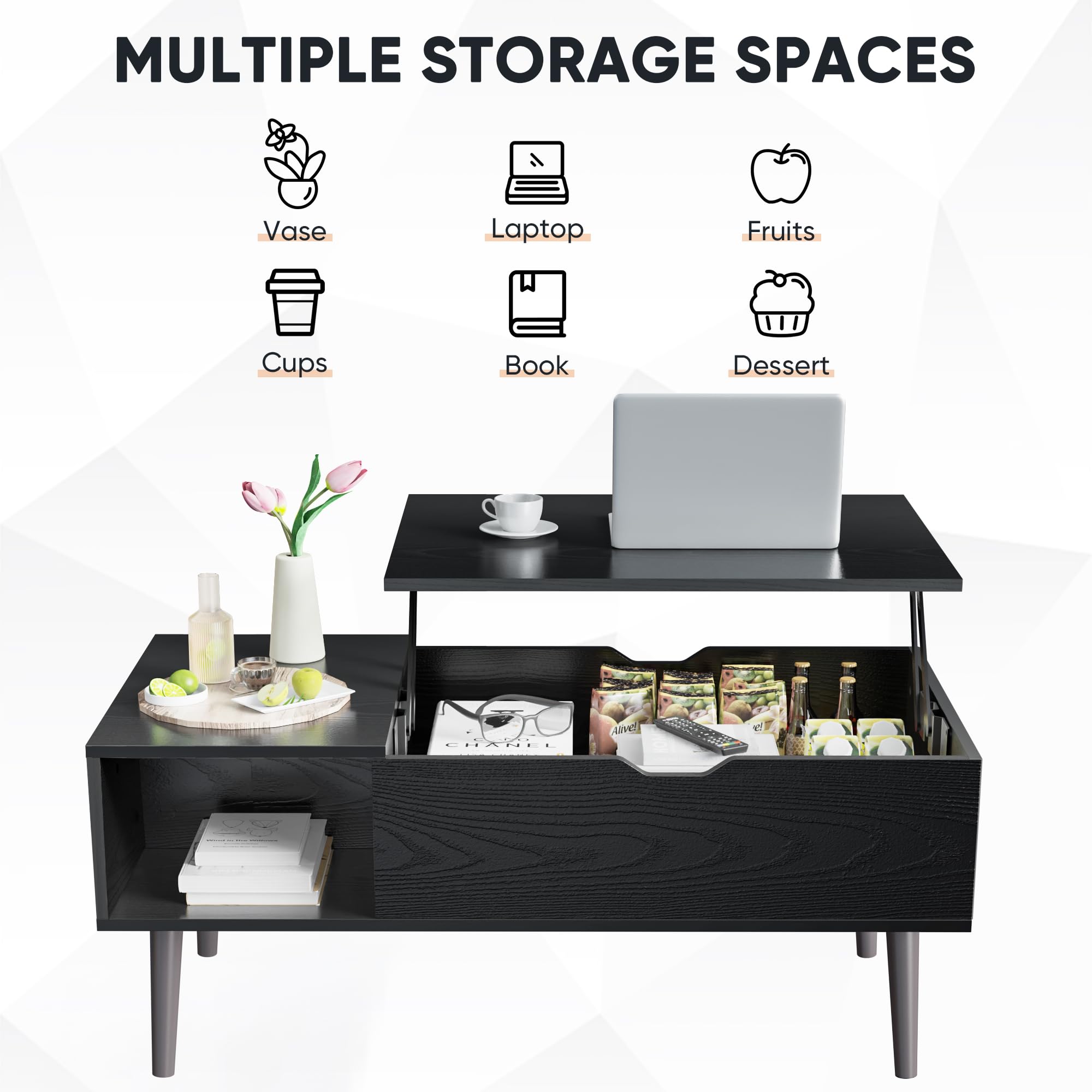 DUMOS Lift Top Coffee Tables for Living Room Apartment, Rising Tabletop Wooden Coffee Table Desk with Storage Shelf and Hidden Compartment, Black