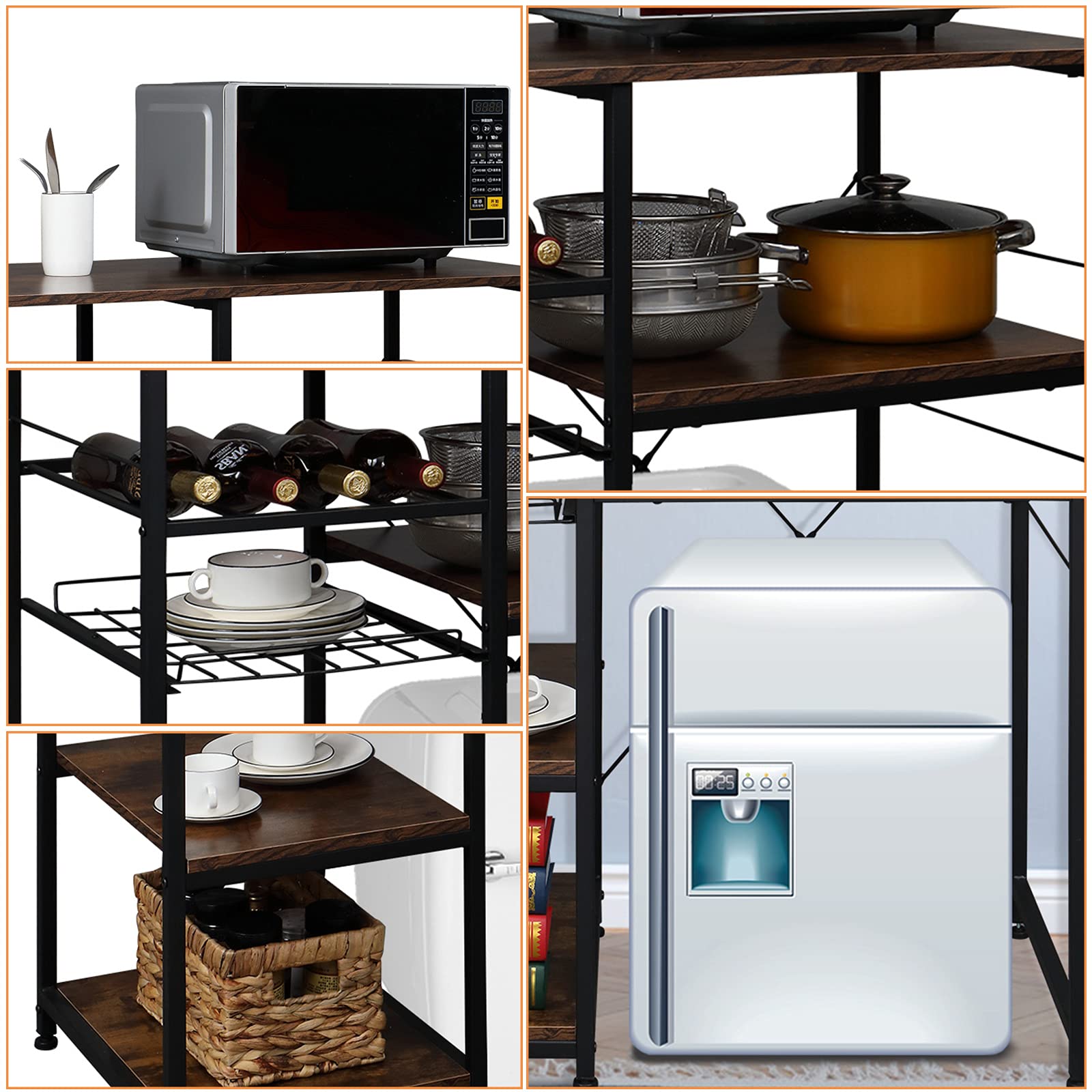 VINGLI Bakers Racks for Kitchens with Storage Mini Fridge Stand Bar Cabinet with Mini Fridge Space, Big Drawer, Wine Rack, Metal Frame Industrial Workstation Microwave Oven Stand 4-Tiers