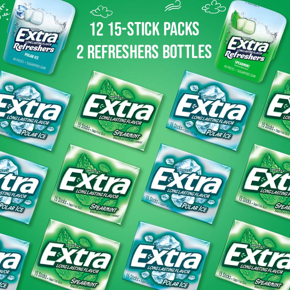 EXTRA Spearmint & Polar Ice Sugar Free Chewing Gum Bulk Assortment, 15 Sticks & 40 Pieces (2 Bottle Packs & 12 Single Packs)