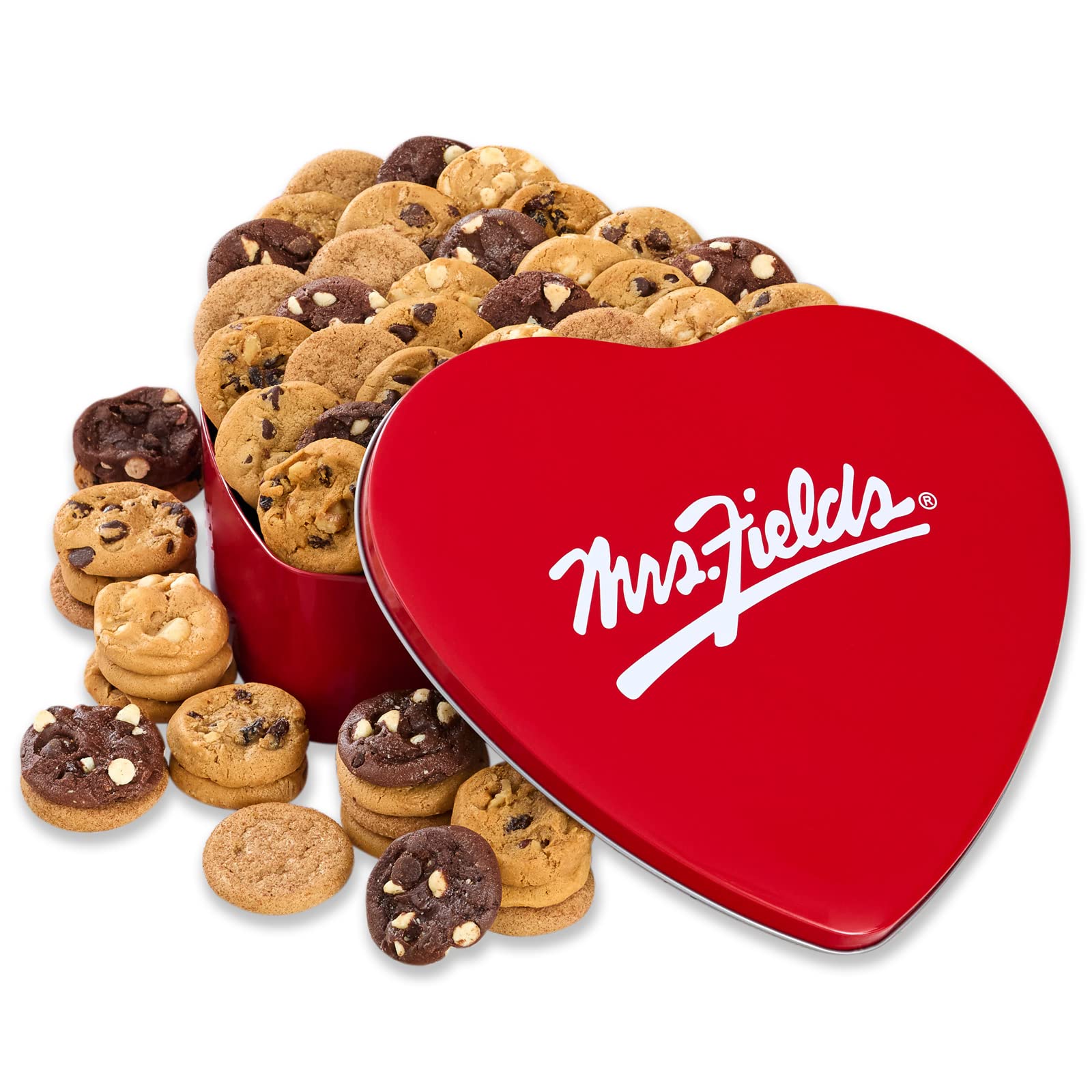 Mrs. Fields - Classic Heart Cookie Tin, Assorted with 60 Nibblers Bite-Sized Cookies in our 5 Signature Cookie Flavors