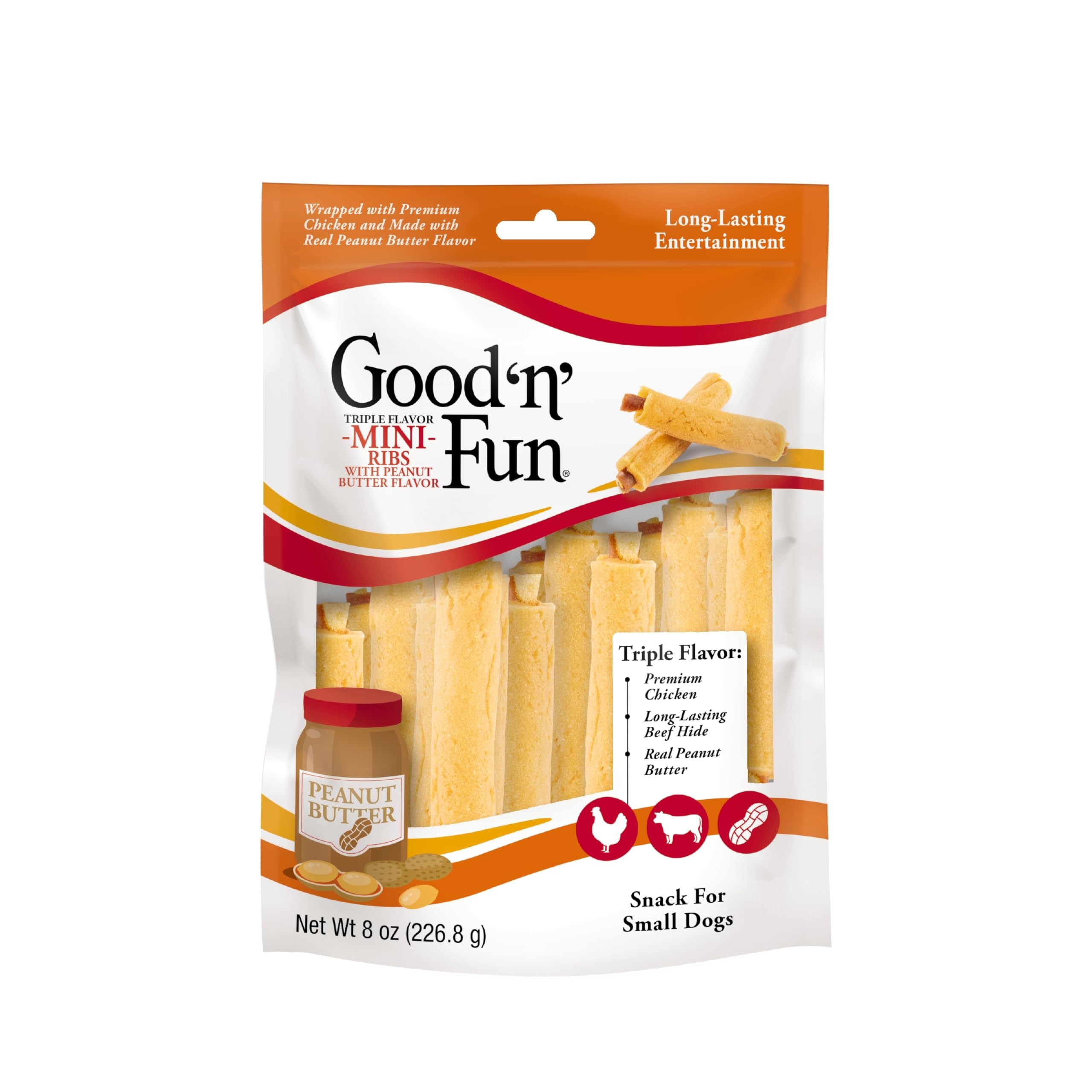 Good 'n' Fun Triple Flavor Mini Ribs with Peanut Butter Flavor, 8 Ounce, Treat Your Small Dog to a Long-Lasting Rawhide Chews