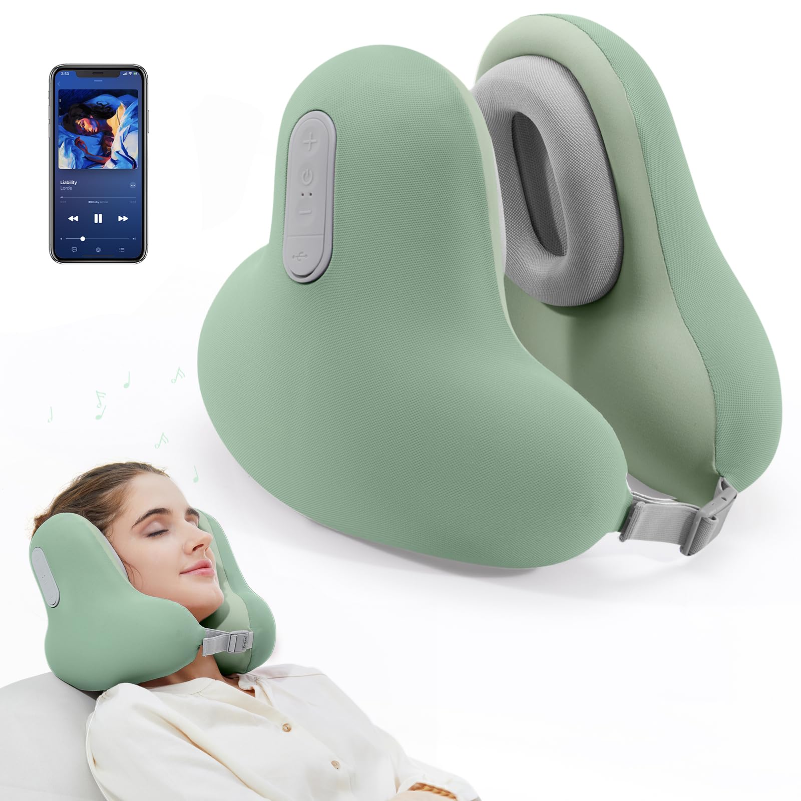 Travel Neck Pillow with Bluetooth Headset, Memory Foam Airplane Pillow for Head Support, Ergonomic Design Traveling Music Pillow for Home, Flight, Car with Adjustable Buckle and Drawstring Bag(Green)