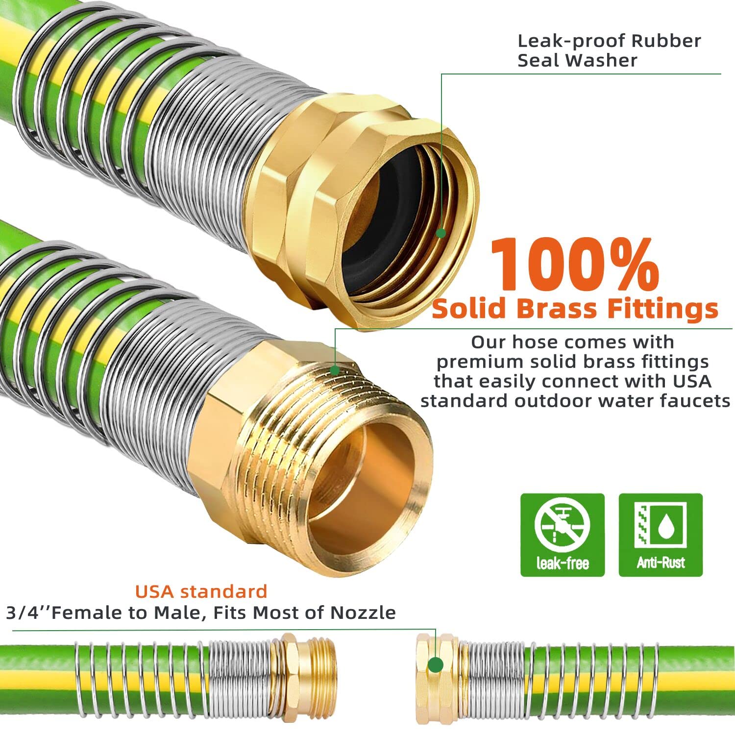 Garden Hose 50 ft x 5/8 in Heavy Duty-Flexible&Lightweight Outdoor Water Hose with 10 Pattern Spray Nozzle,Burst 600psi,Kink-less Hybrid Rubber Car Washing Pipe Hoses for Backyard,3/4''Brass Fittings