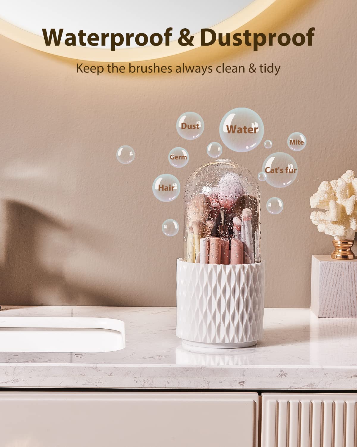 DooGooCoo Makeup Brush Holder [Upgrade] [Dustproof & Waterproof] 360 Rotating Cosmetics Make up Brush Organizer Storage with Lid for Vanity