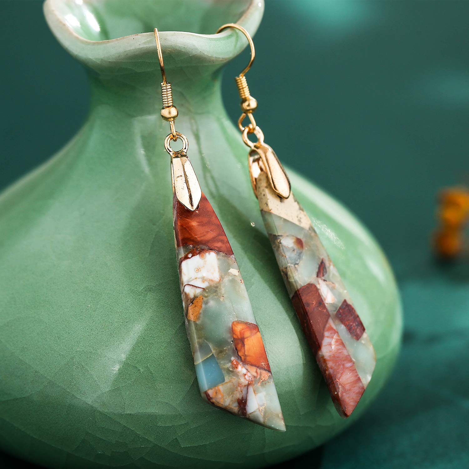 Brass Boho Handmade Agalmatolite Stone Dangle Earrings for Women