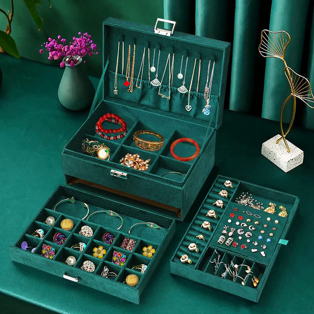 QBestry Jewelry Boxes for Women Earrings Jewelry Box Organizer for Women Green Jewelry Organizer with Lock,Velvet Jewelry Storage Box Jewelry Holder Organizer Jewelry Box for Necklace and Earring Ring