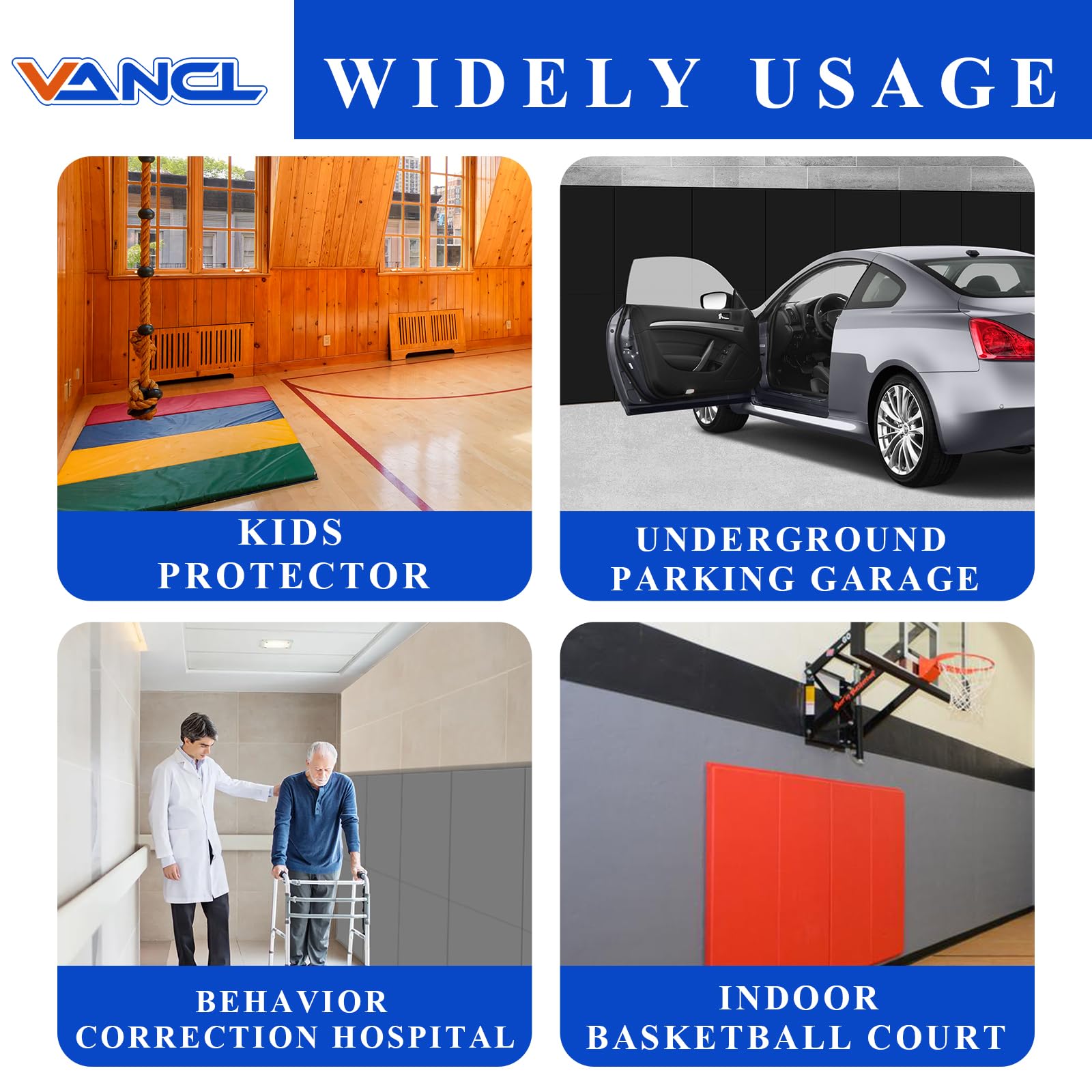 VANCL Gym Pads 72'' Gym Wall Padding Removable 6 Feet Gym Wall Padding Baseball 4" Thick Wall Mats for Padding 72'' Wall Pads Gym Mat Padded Wall 72''x20''x4'' [6 Pack]