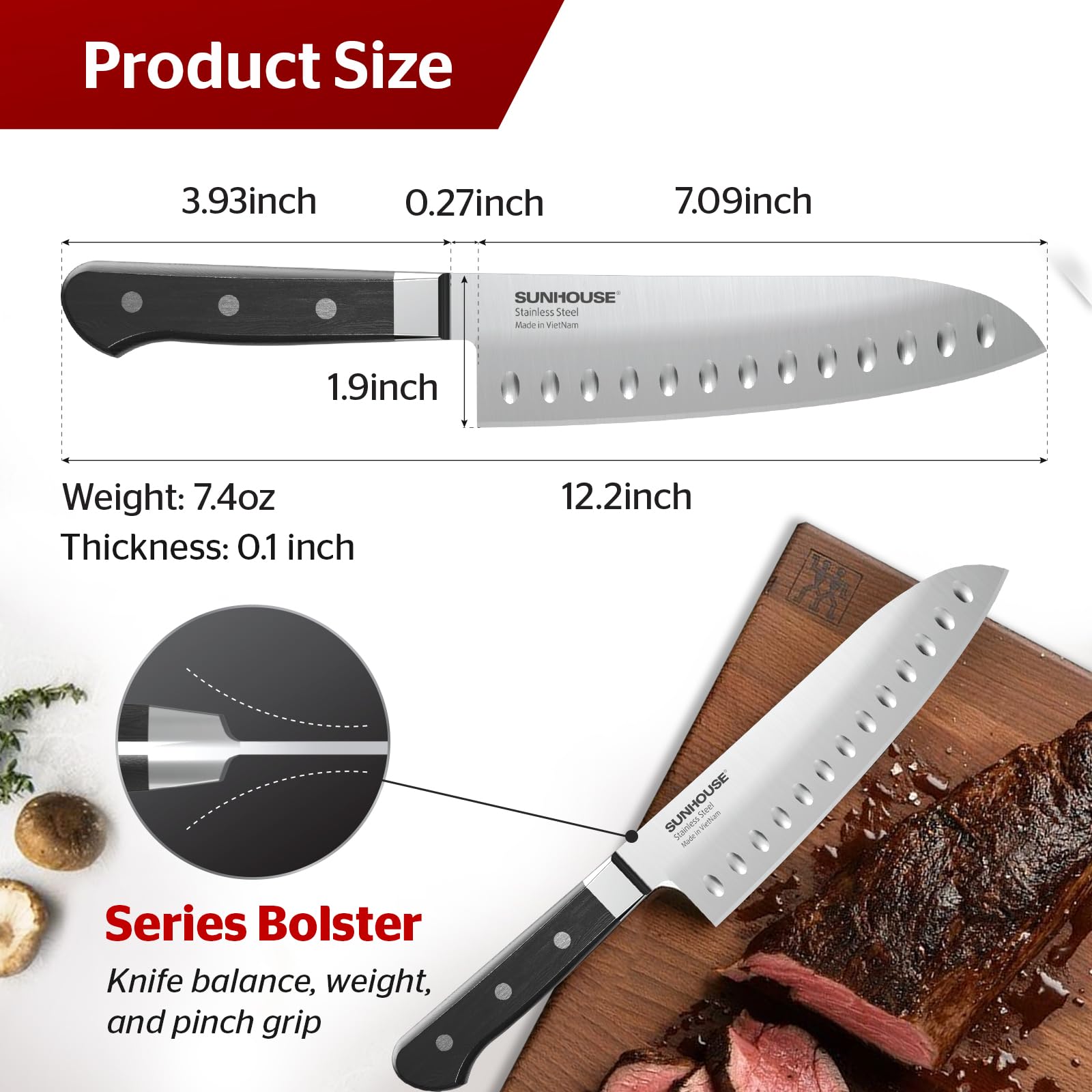 Sunhouse Santoku Knife 7 inch, AUS-8 Stainless Steel – Superior 59HRC Hardness, Razor Sharp Blade, Full Tang, Ergonomic Handle, Perfect Gifts for Mom or Dad, Premium Gifts Box