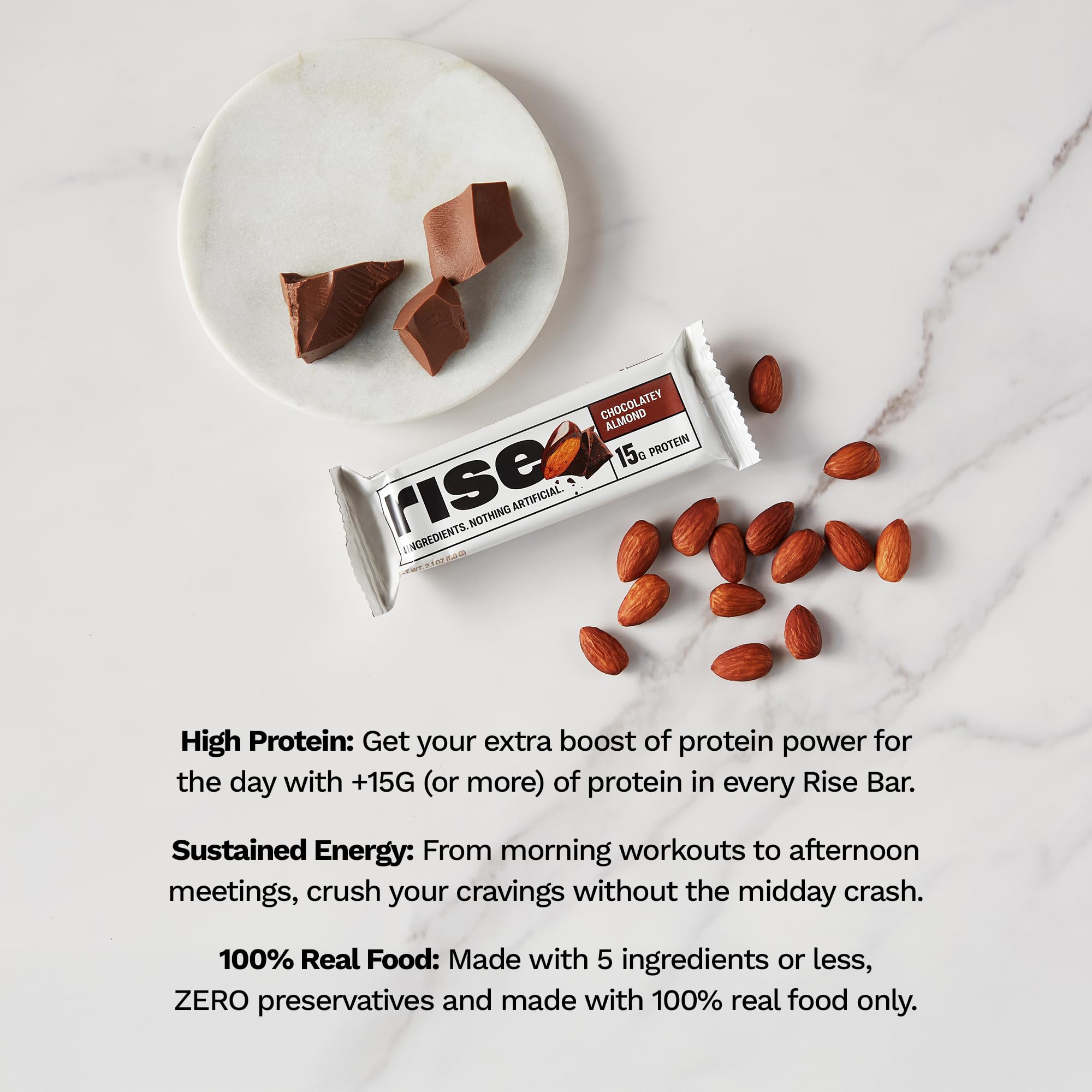 Rise Whey Protein Bars - Chocolatey Almond | Breakfast Bar & Protein Snack 15g Protein 5g Fiber Just 4 Whole Food Ingredients Gluten-Free Soy Free