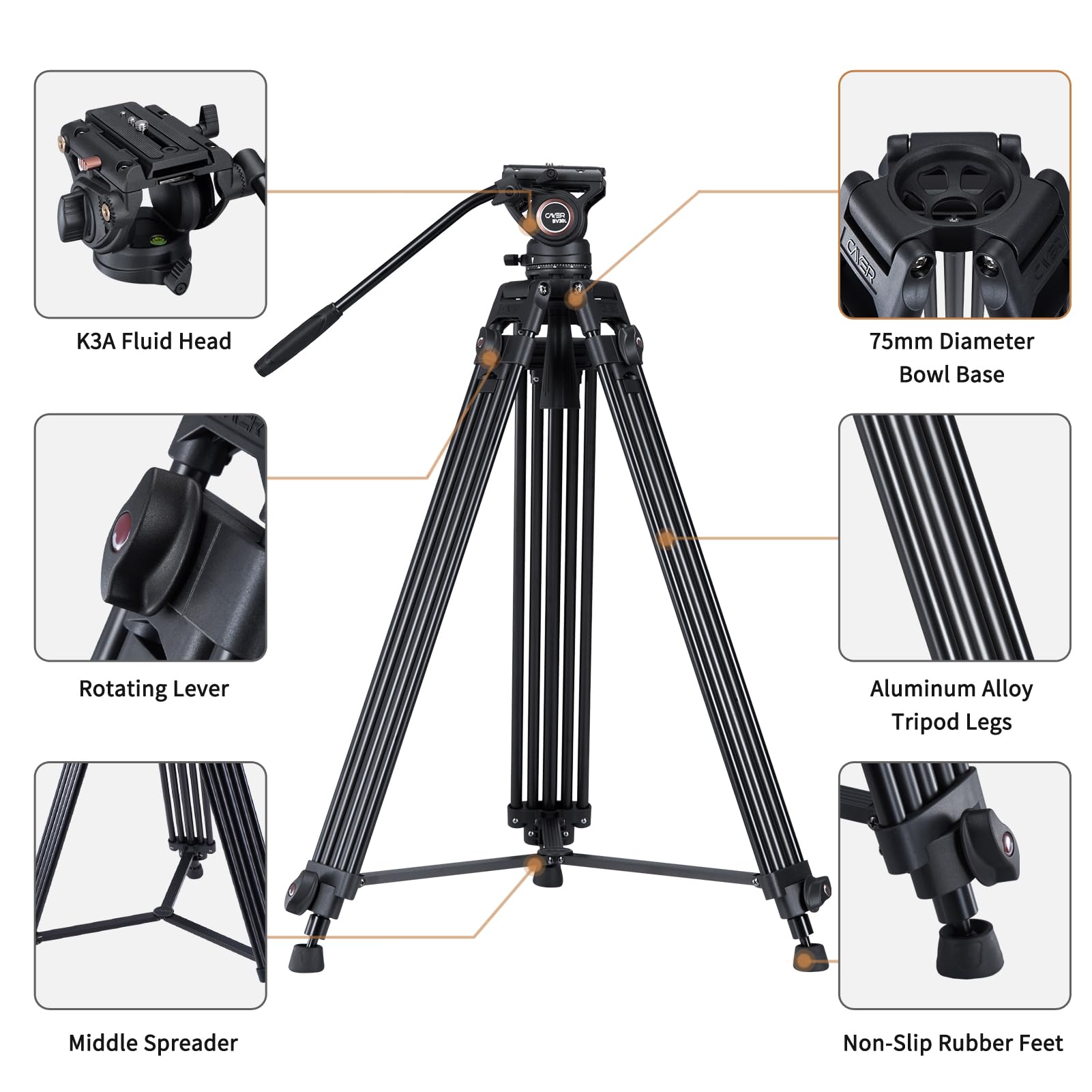 Video Tripod System, Cayer BV30L 72 inch- Professional Heavy Duty Aluminum Twin Tube Tripod, K3 Fluid Head, Mid-Level Spreader, Max Loading 13.2 LB, DSLR Camcorder, Plus 1 Bonus Quick Release Plate