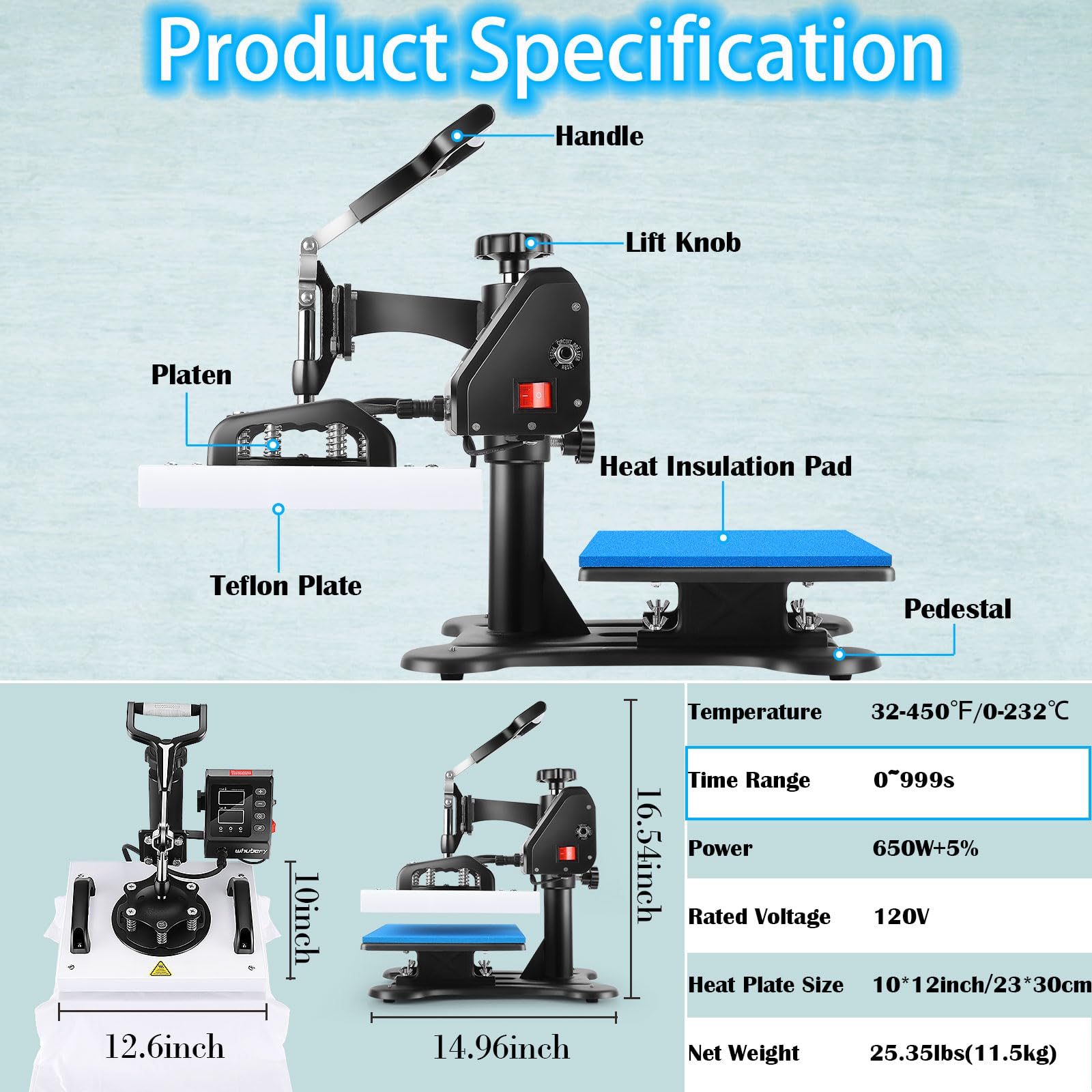 Whubefy Heat Press Machine for T Shirts 12x10", 650W Sublimation Shirt Press Machine, 360° Swing Away Printing Machine with Digital Temp Control, Vinyl Heat Press for Pillow Bag Puzzle Ceramic Frame