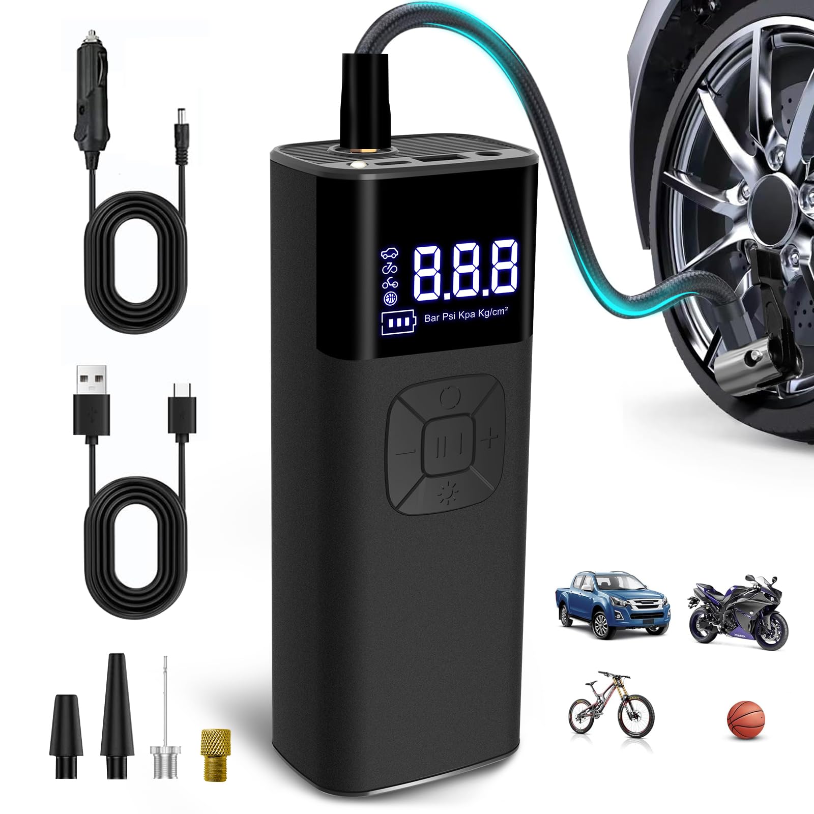 CJYGEGE Tire Inflator Portable Air Compressor - 12V DC, 150PSI, 4X Faster Cordless Air Pump with Digital Pressure Gauge and LED Light for Cars, Motorcycles, Bikes, Balls
