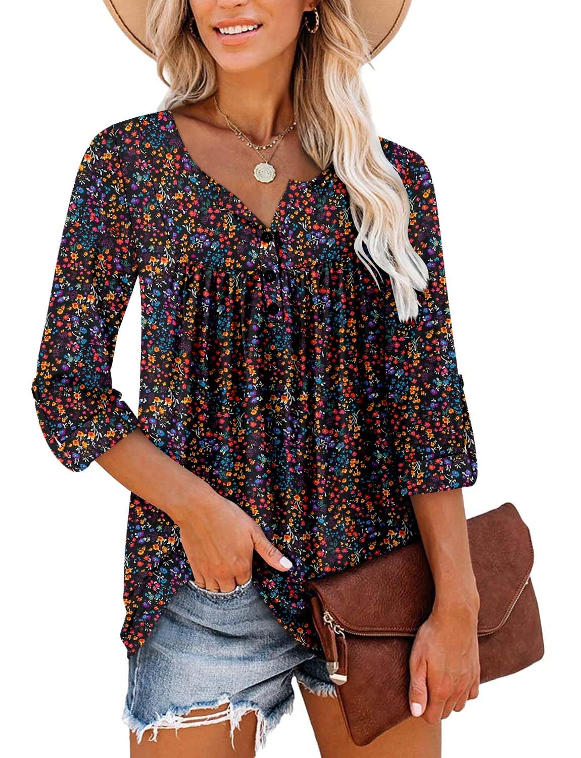 ROSELINLIN Tops for Women Fall Long Sleeve Shirts Bohemian Tops BlackColor M