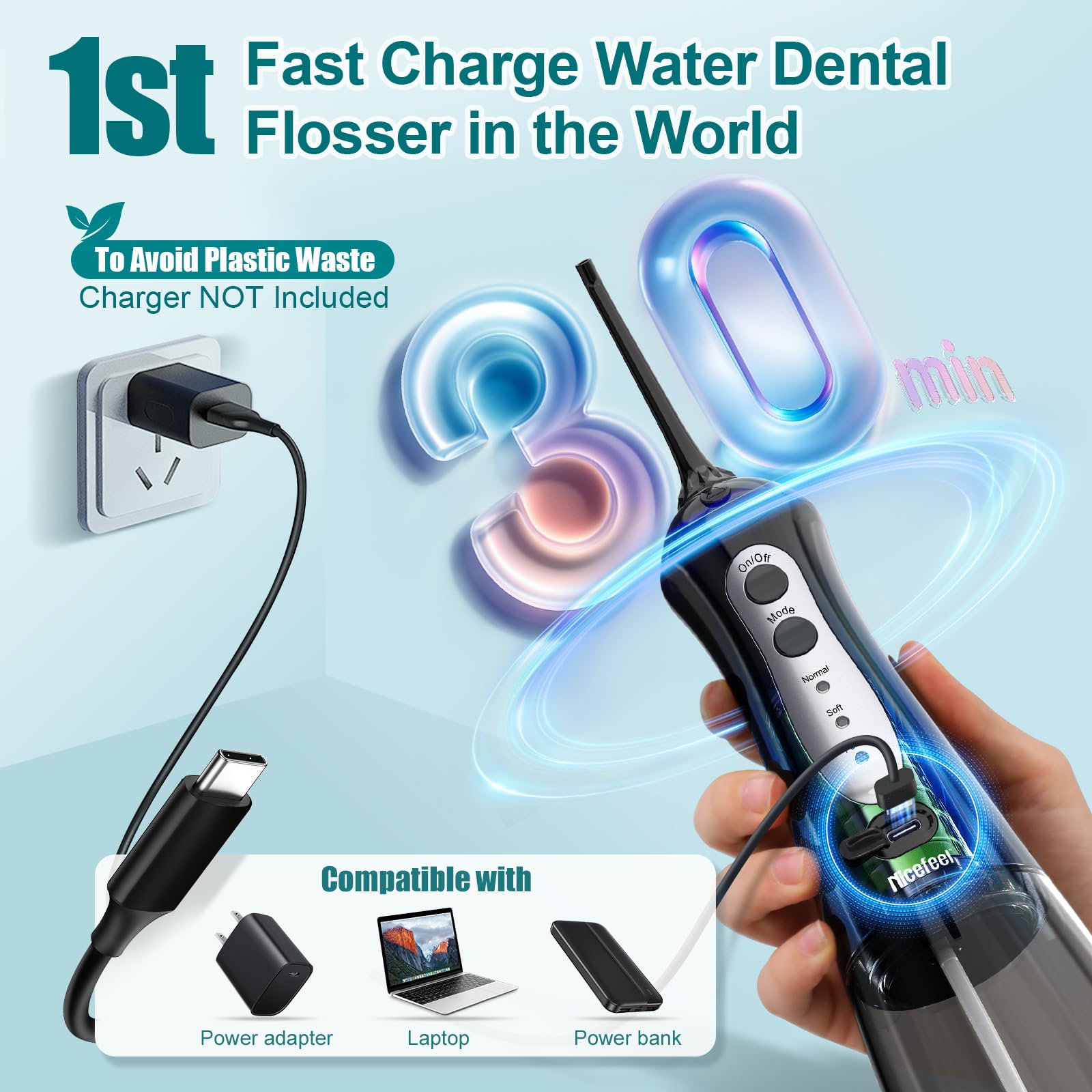 Nicefeel Water Dental Flosser Teeth Pick - Fast Charge Cordless Teeth Cleaner, 3 Modes Portable Oral Irrigator, IPX7 Waterproof Electric Water Dental Flosser for Tonsil Stone, 300ML Tank, Home Travel