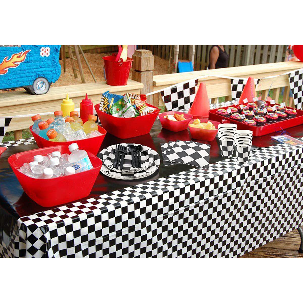 Cieovo Racing Car Party Supplies Set - Serves 20 Guest Includes Party Plates, Spoons, Forks, Knife, Cups Napkins and Tablecloth Party Pack for Racing Car Themed Birthday Parties Decorations