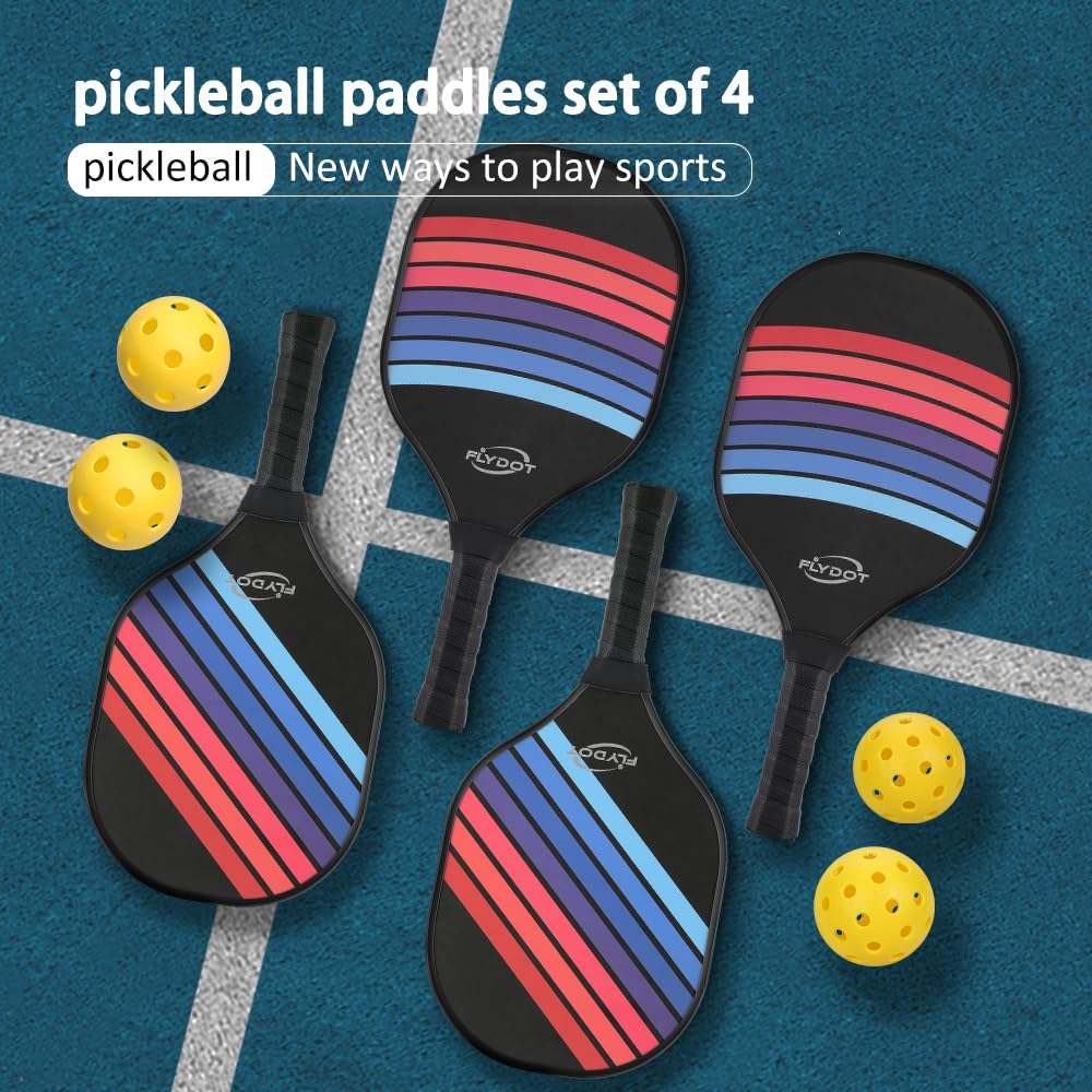 Flydot Pickleball Paddles, Pickleball Paddles Set of 4, Black, 4 Indoor&Outdoor Balls and 1 Carry Bag, Pickleball Paddles for Beginner&Pro, Rackets with Ergonomic Cushion Grip