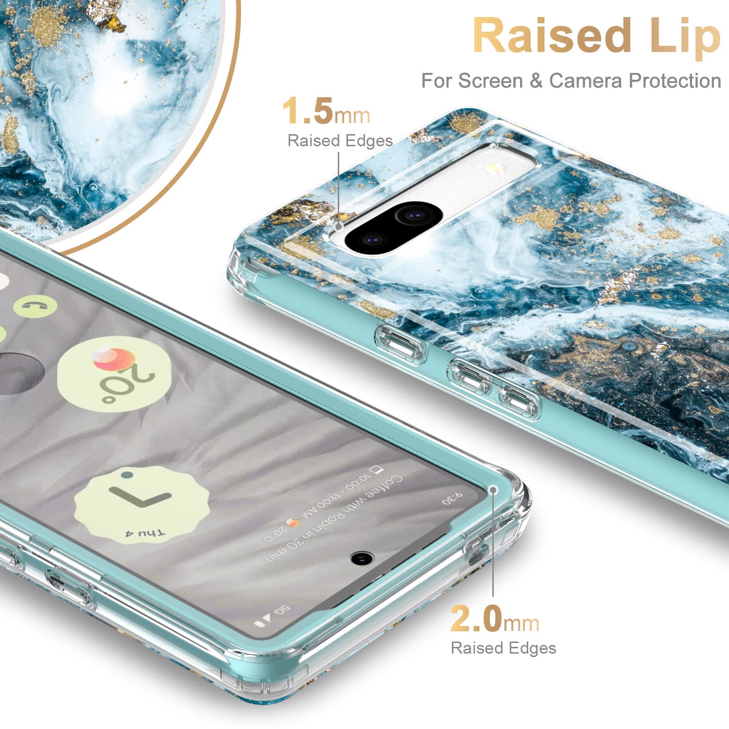 Esdot for Google Pixel 7A Case with Built-in Screen Protector,Military Grade Rugged Cover with Fashion Cute Designs for Women Girls,Protective Phone Case for New Pixel 7A Opal Marble Teal