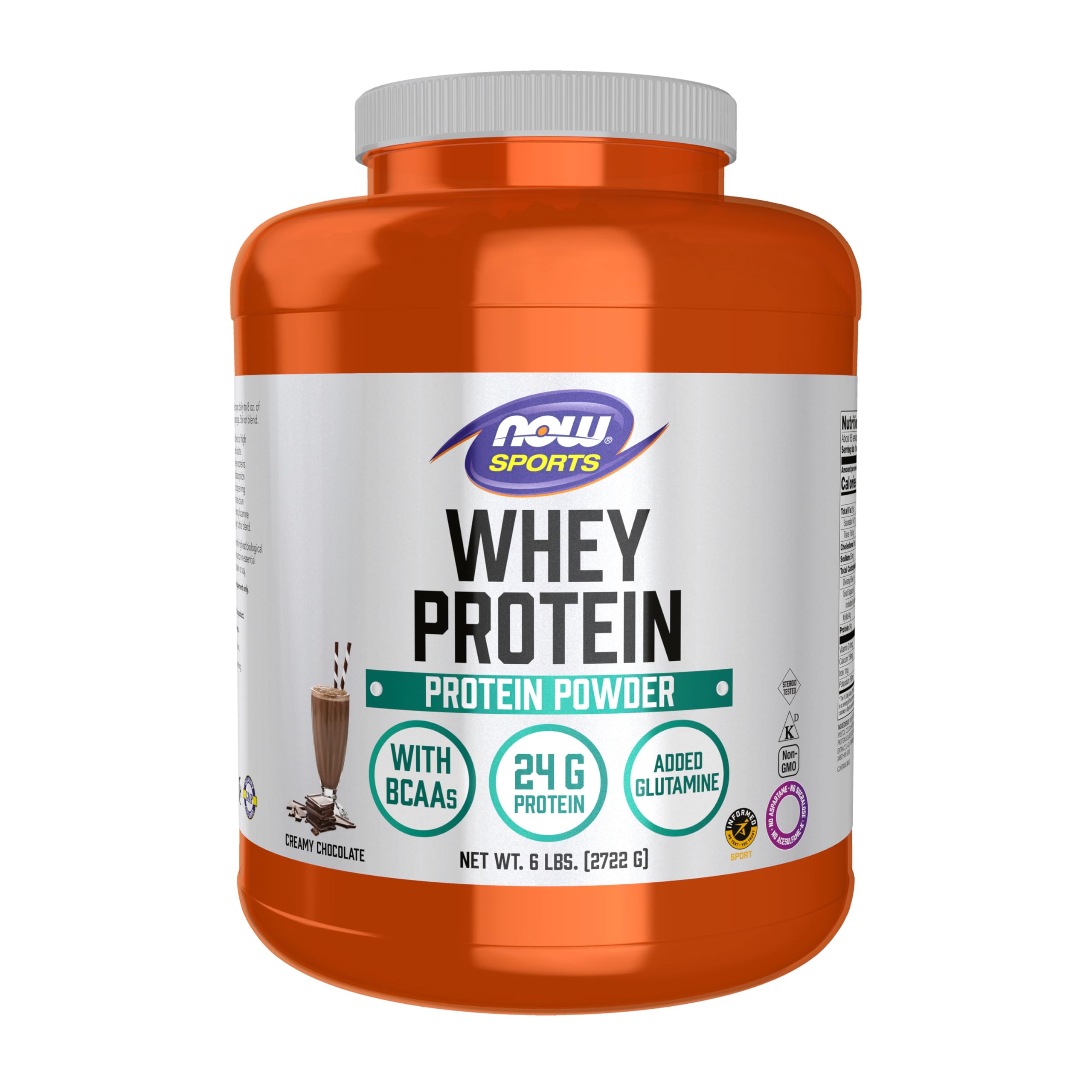 NOW Foods Sports Nutrition, Whey Protein, 24 g With BCAAs, Creamy Chocolate Powder, 6-Pound