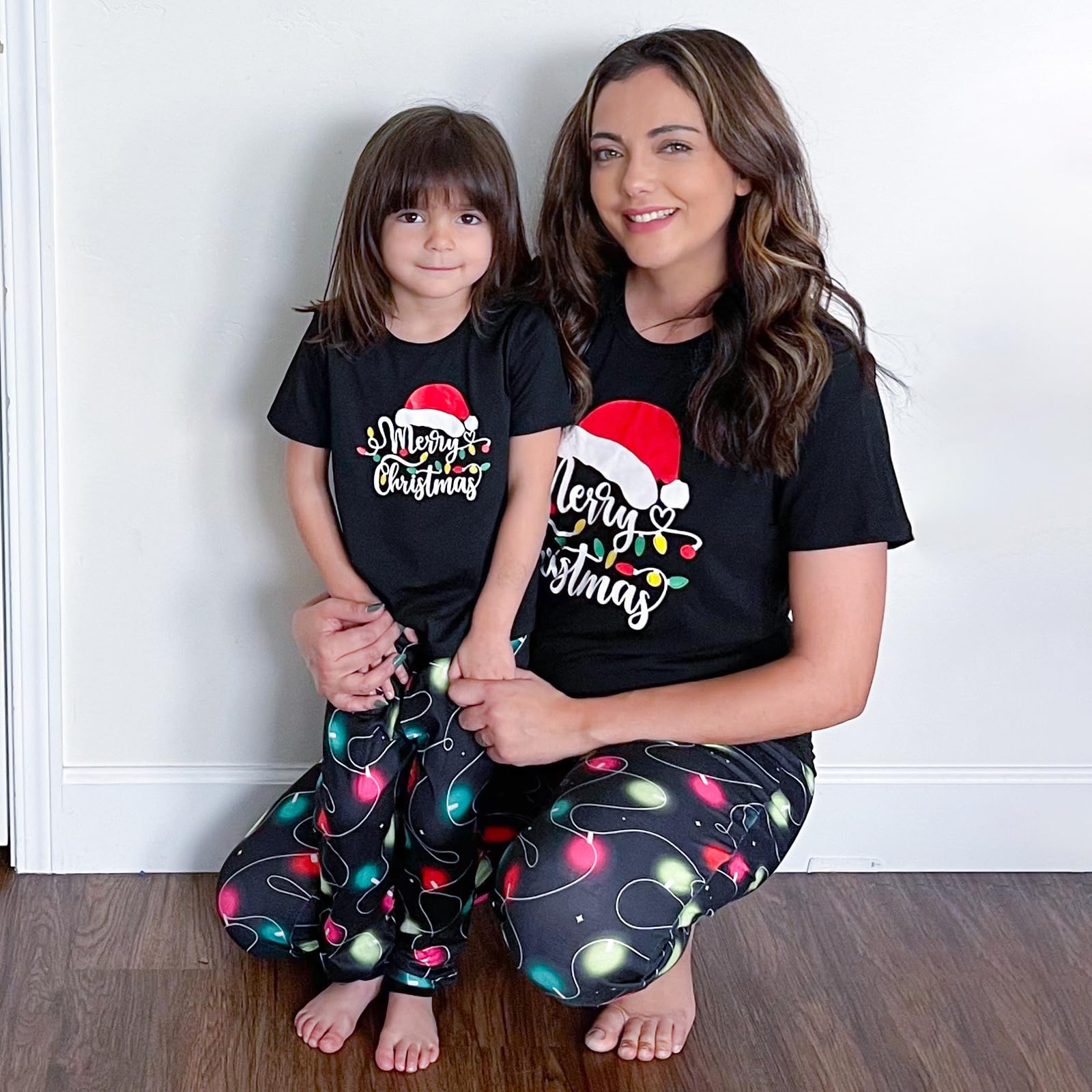 IFFEI Christmas Pajamas for Family Letter Print Matching Holiday PJ's Sets with Short Sleeve Tee and Pants Loungewear Women M Black