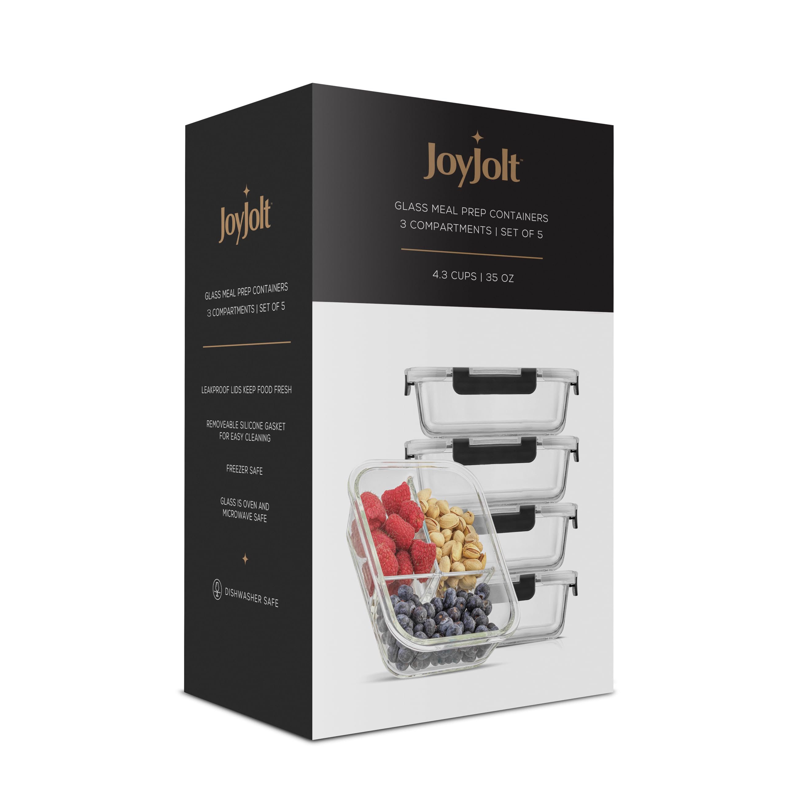 JoyJolt Divided 3 Compartment Glass Meal Prep Bento Box Set. 5 Pack Airtight Food Storage Containers with Lids for Portion Control and Weight Loss