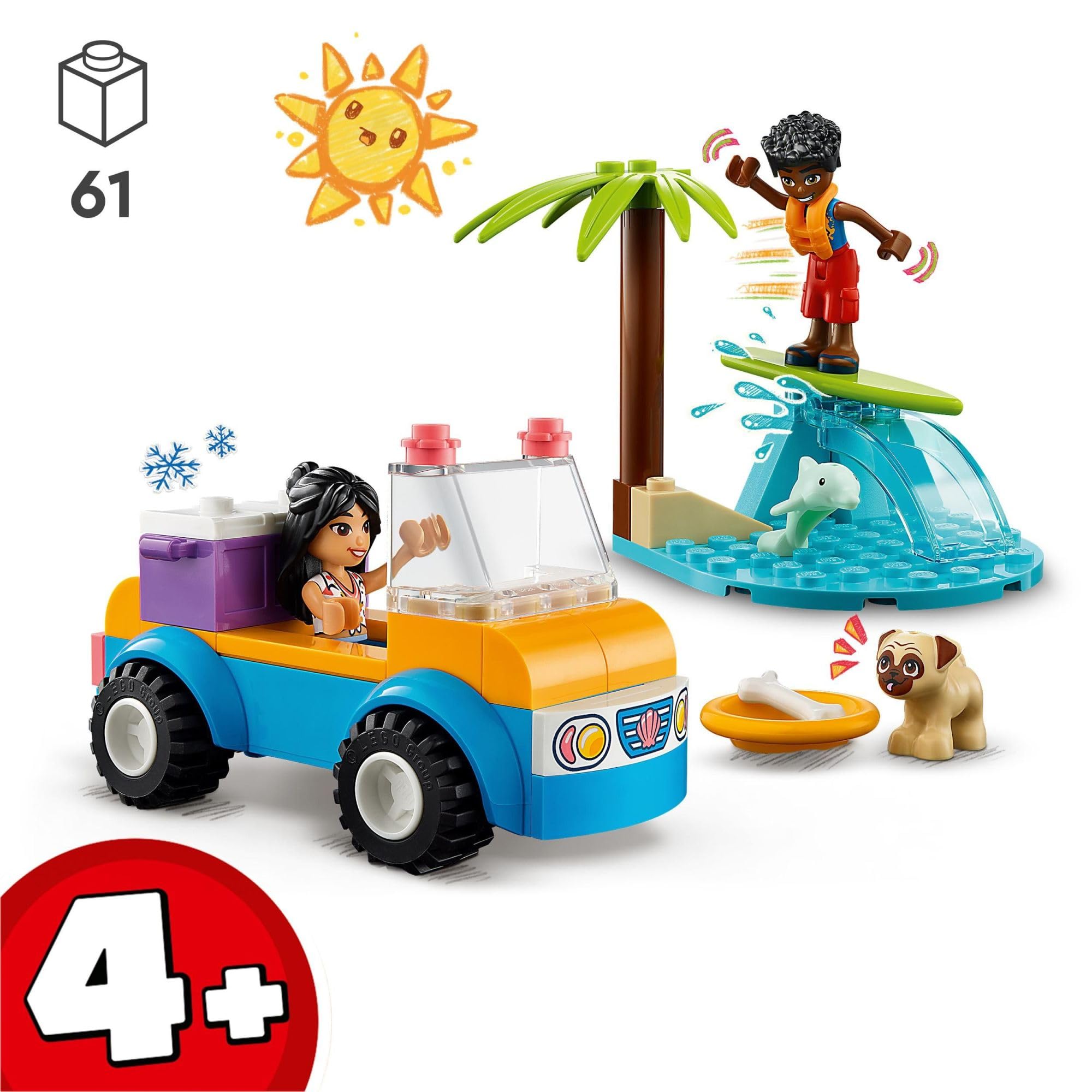 LEGO Friends Beach Buggy Fun 41725 Building Toy Set, Creative Fun for Toddlers Ages 4+, with 2 Mini-Dolls, Pet Dog and Dolphin Figures, a Beach Buggy Toy Car and Accessories