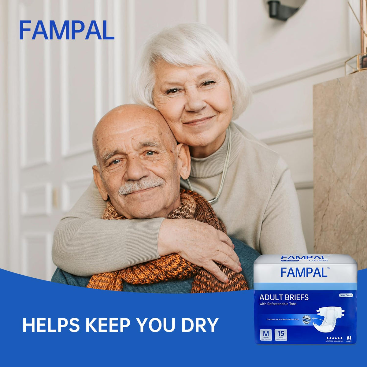 FAMPAL Vital Guard Adult Diapers, Disposable Incontinence Briefs with Tabs for Men and Women, Maximum Absorbency, Odor Control, Medium, 15 Count