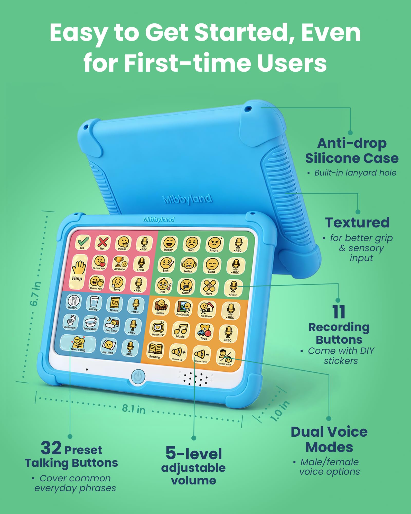 MibbyTalk AAC Device for Autism & Nonverbal Kids and Adults, Communication Tool for Home & School – 32 Preset Buttons, 11 Recording Buttons with Stickers, Silicone Case, Blue, Easter Basket Stuffers
