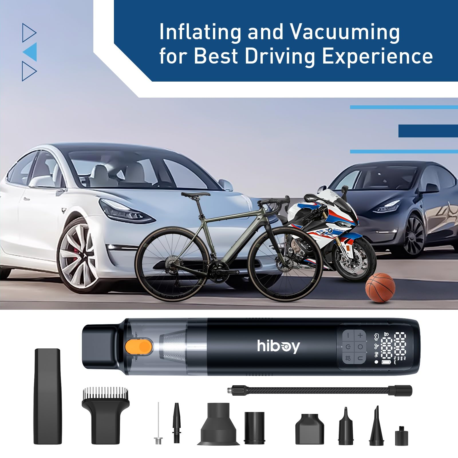 Hiboy 2 in 1 Tire Inflator Portable Air Compressor with Cordless vacuuming Function, 2X Faster Inflation, 150PSI Cordless Air Pump with 10kPa Powerful Vacuuming Function, 5000mAh Powerful Battery