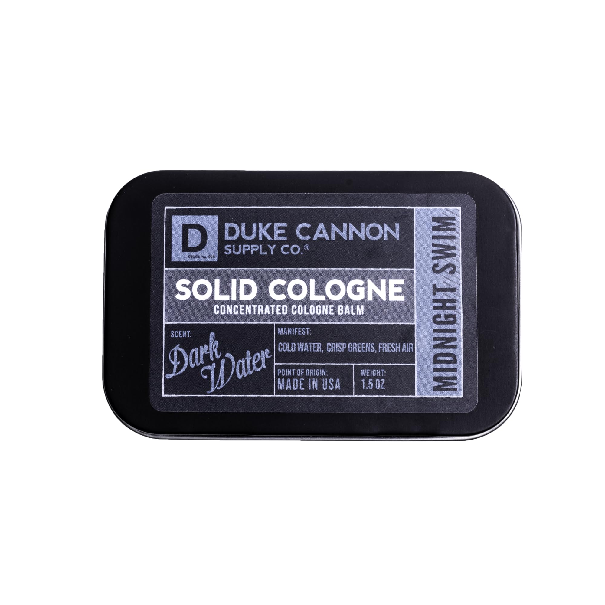 Duke Cannon Supply Co. Solid Cologne for Men Midnight Swim - Cold Water, Crisp Greens, Fresh Air - Concentrated Balm, Travel-Friendly Tin, 1.5 oz (1 unit)