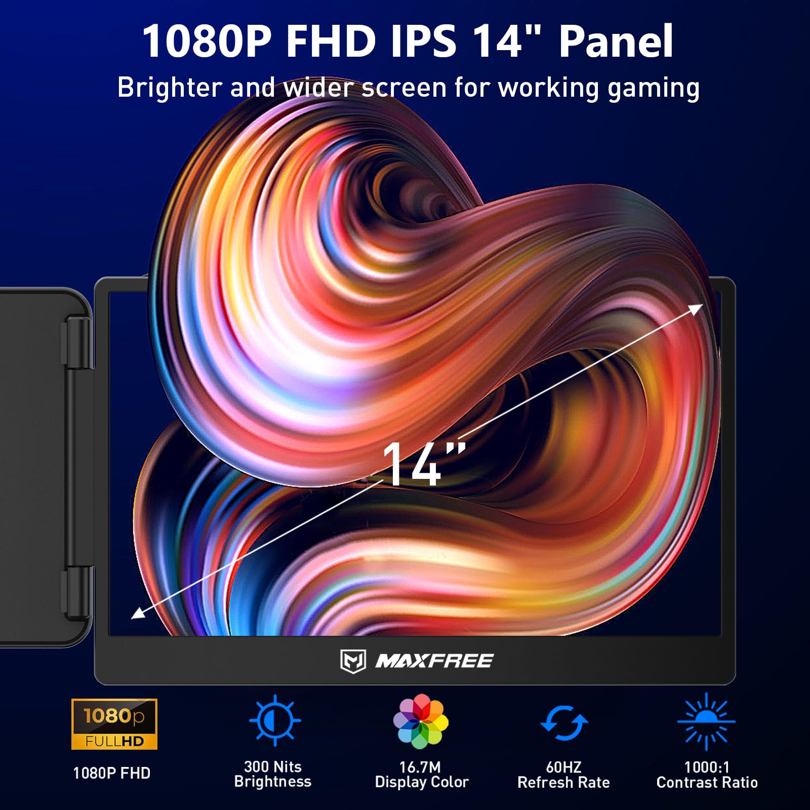 Maxfree S1 Laptop Screen Extender - 14'' Laptop Monitor Extender Dual Screen Plug & Play, 1080P FHD Portable Monitor for 13-17'' Laptops, Compatible with macOS/Windows/Dex/Android/Switch/PS5