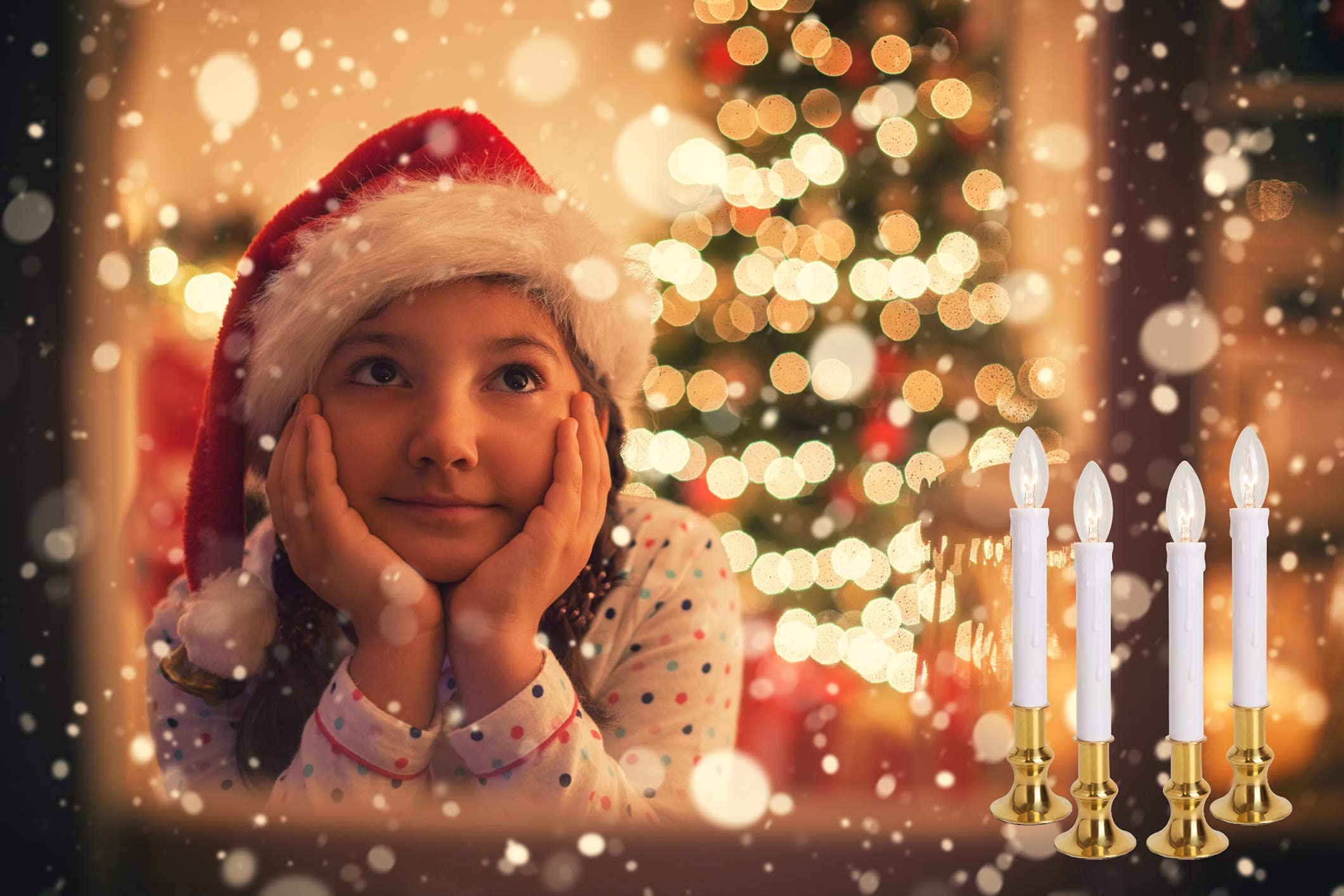 New Ideal Lights Window Candle Electric with Daily Timer Function, Brass Base Christmas Window Candle with Extra Weight, UL Listed 4 Set Packing 2 Extra Replacement Bulb