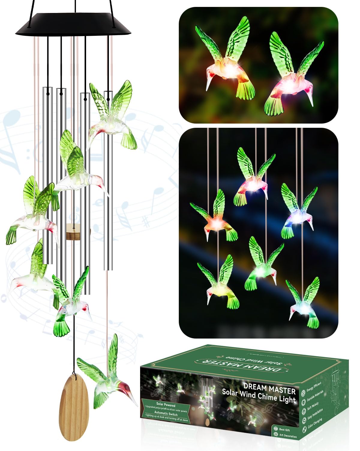 Solar Wind Chimes for Outside, Birthday Gifts for Grandma Mom Wife, Solar Hummingbird Light Outdoor Hanging for Yard Garden Decoration, Automatic Color Changing, Best Gifts for Women, Colored Bird