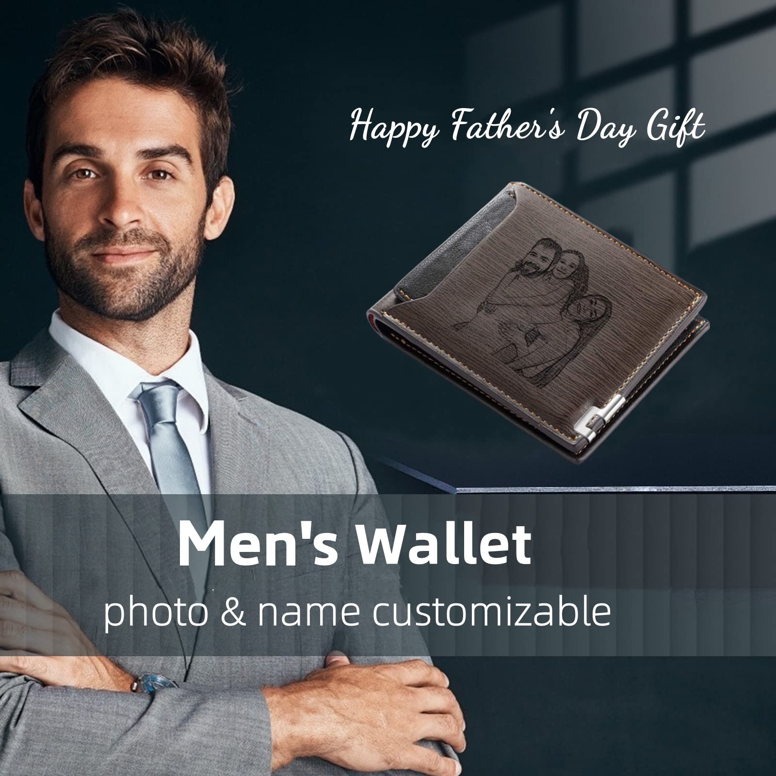 Lovejewelry Customized Wallets for Men Engraved Leather Photo Wallet for Dad Son (style 2)