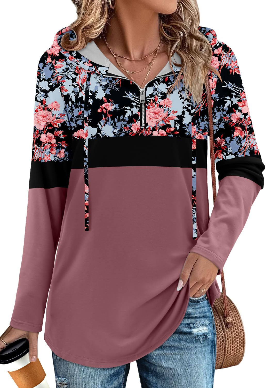 BETTE BOUTIK womens tunic long sleeve hoodie zipper hooded sweatshirt women hoodie floral women quarter zip sweatshirt Pink Rose X-Large