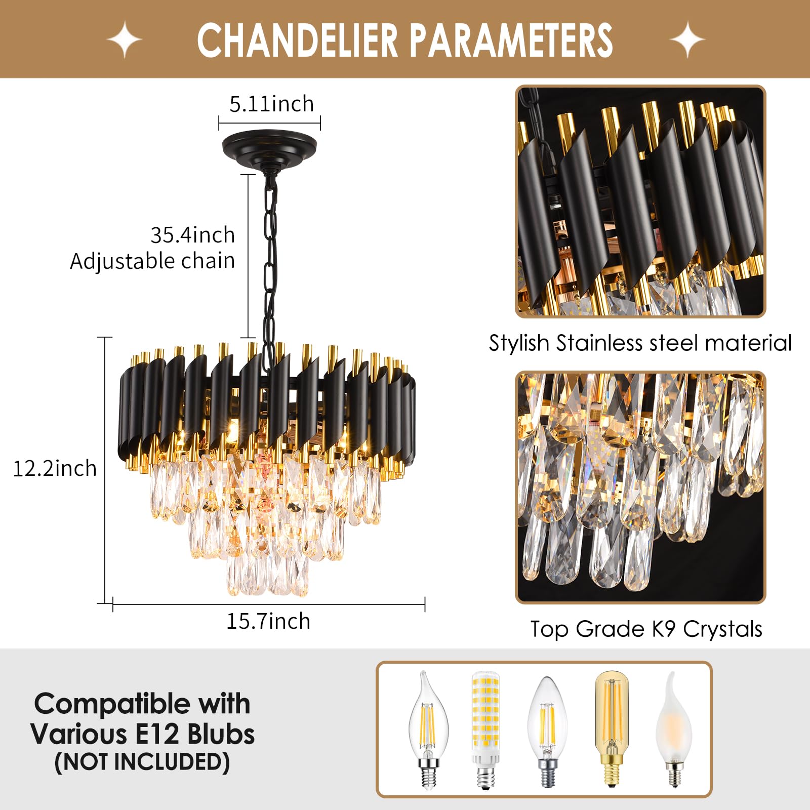 Modern Crystal Chandelier Black and Gold Chandelier 3-Tier Round Chandeliers Pendant Ceiling Light Fixture Flush Mount Chandelier for Dining Room Living Room Bedroom Foyer Hallway Entryway W16"