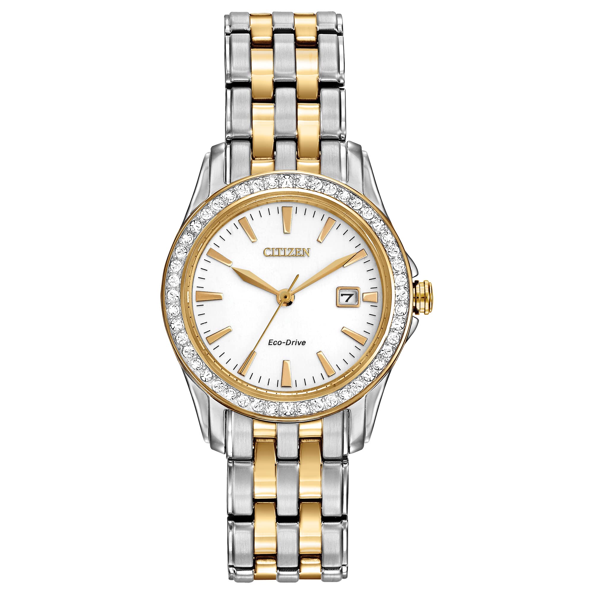 Citizen Women's Eco-Drive Dress Classic Crystal Watch in Two-tone Stainless Steel, Silver Dial, 28mm (Model: EW1908-59A)