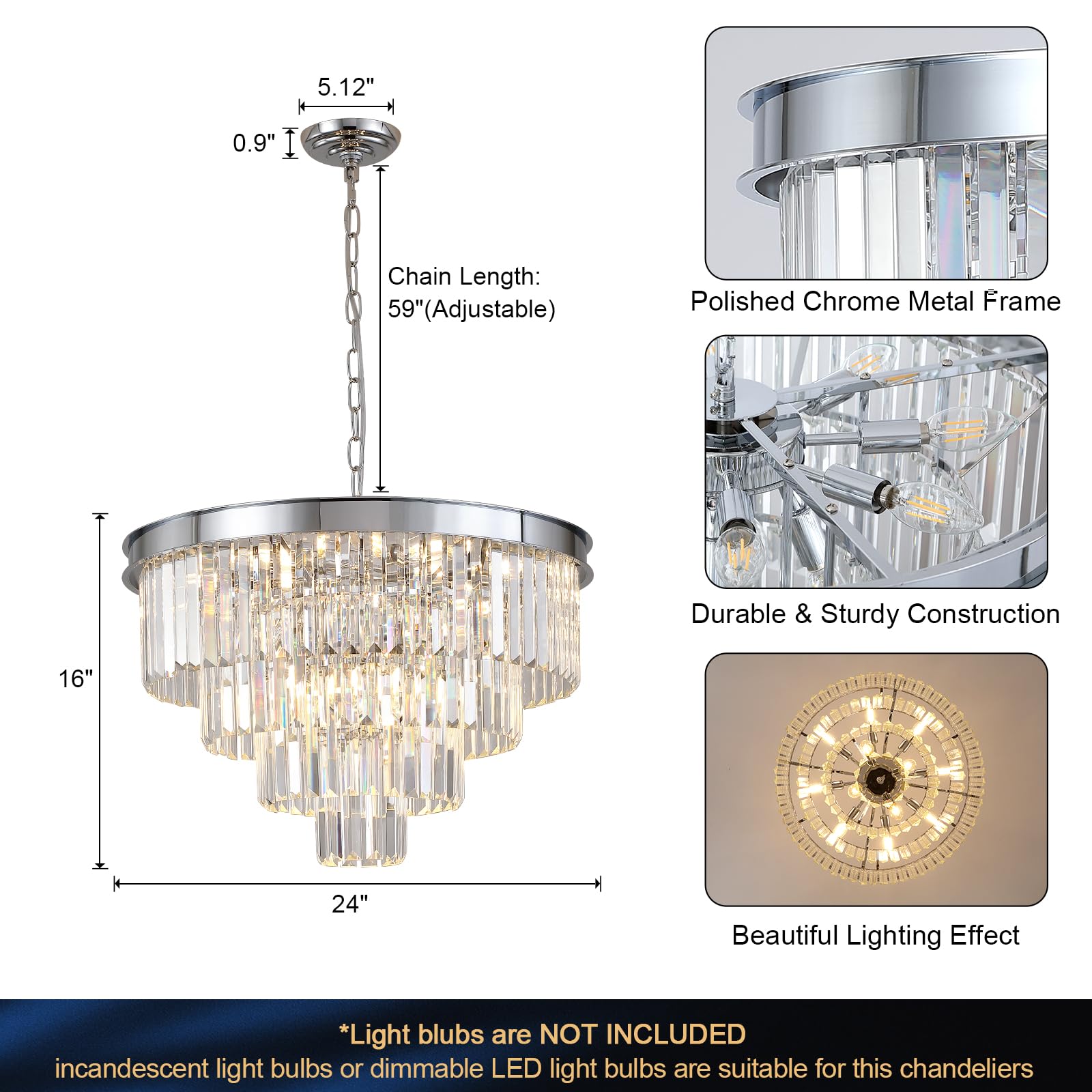 A AXILIXI Chrome Crystal Chandelier 24” Modern Chandelier for Dining Room Round Ceiling Pendant Light Fixture 4 Tiers 12 Lights Luxury Large Chandelier for Entryway Living Room Bedroom