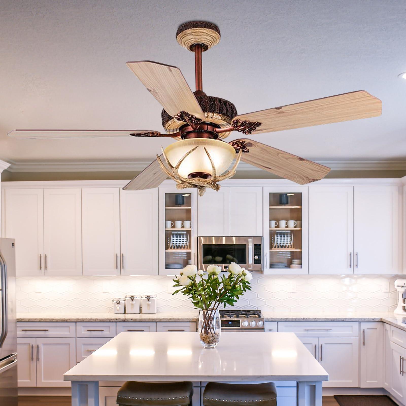 Tropwellhouse Indoor Rustic Ceiling Fan with Light and 5 Wood Blades, Modern Antler Ceiling Fan Homer Decoration for Bedroom Living Room Farmhouse Chandelider Fan with Remote of 52Inch (Bronze)