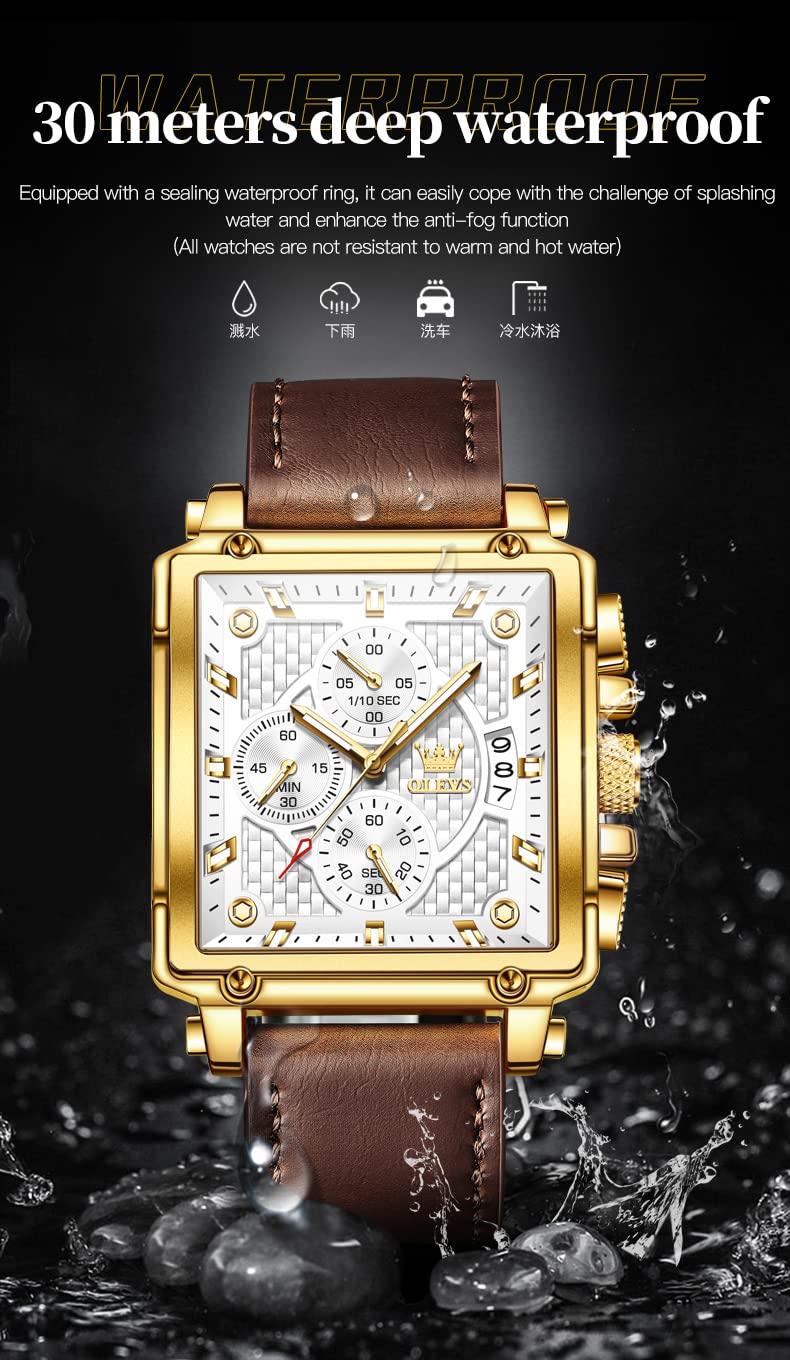 OLEVS Watch for Men Chronograph Square Brown Leather Fashion Big Face Business Drees Waterproof Luminous Casual Business Man Watch