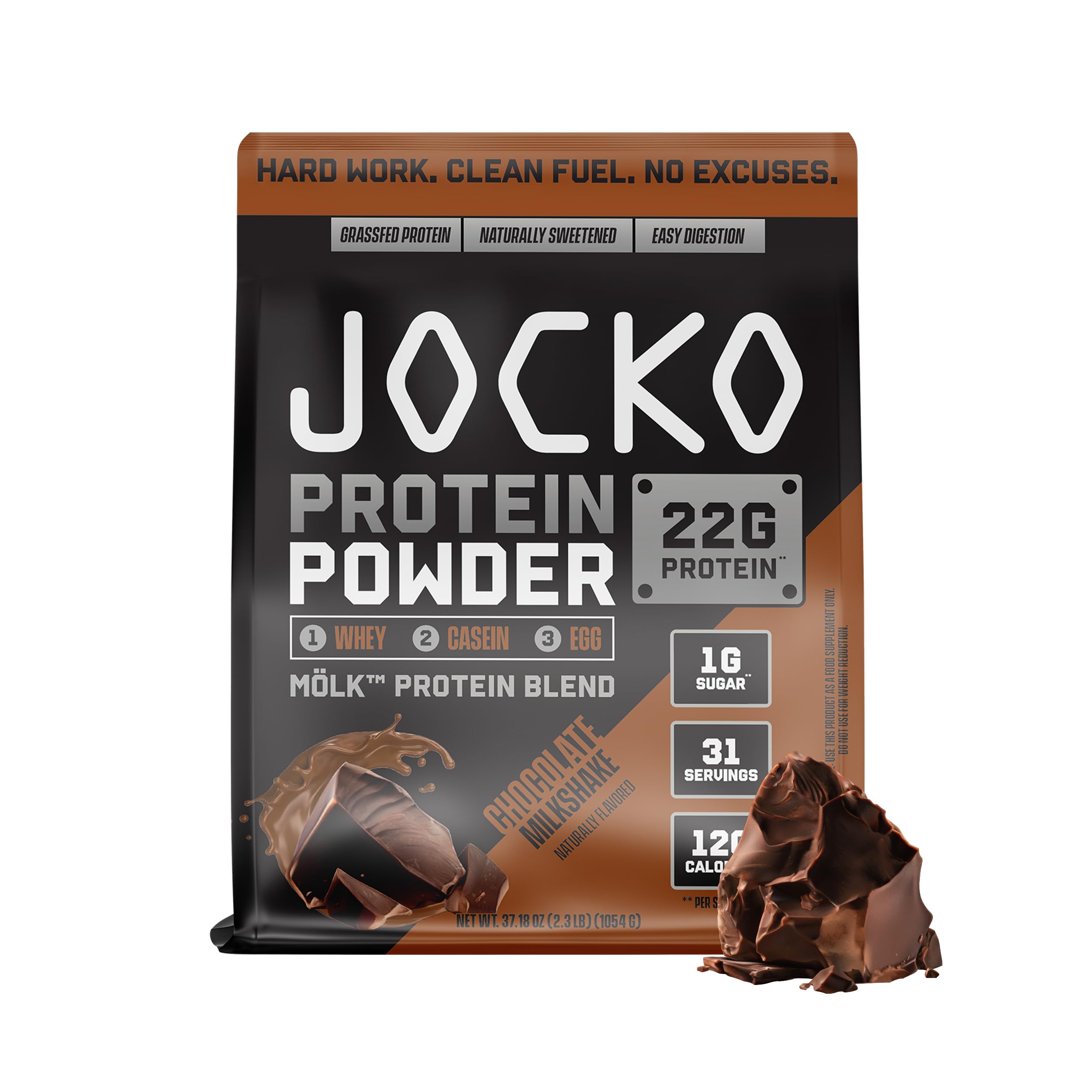 Jocko Mölk Whey Protein Powder 22g Protein - Sugar Free Monk Fruit Blend - Muscle Recovery & Growth, Packaging May Vary (31 Servings, Chocolate Milkshake)