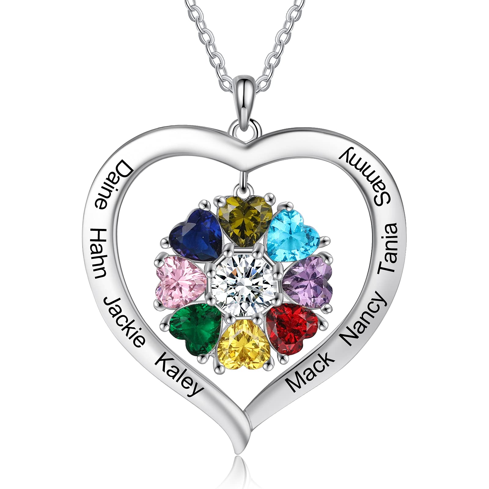 Personalized Names Forever Love Heart Women Necklace with 1-8 Simulated Birthstone Pendant Necklaces for Grandma Family Promise Jewelry Birthday Gift for Her Mom Wife (8 stones)