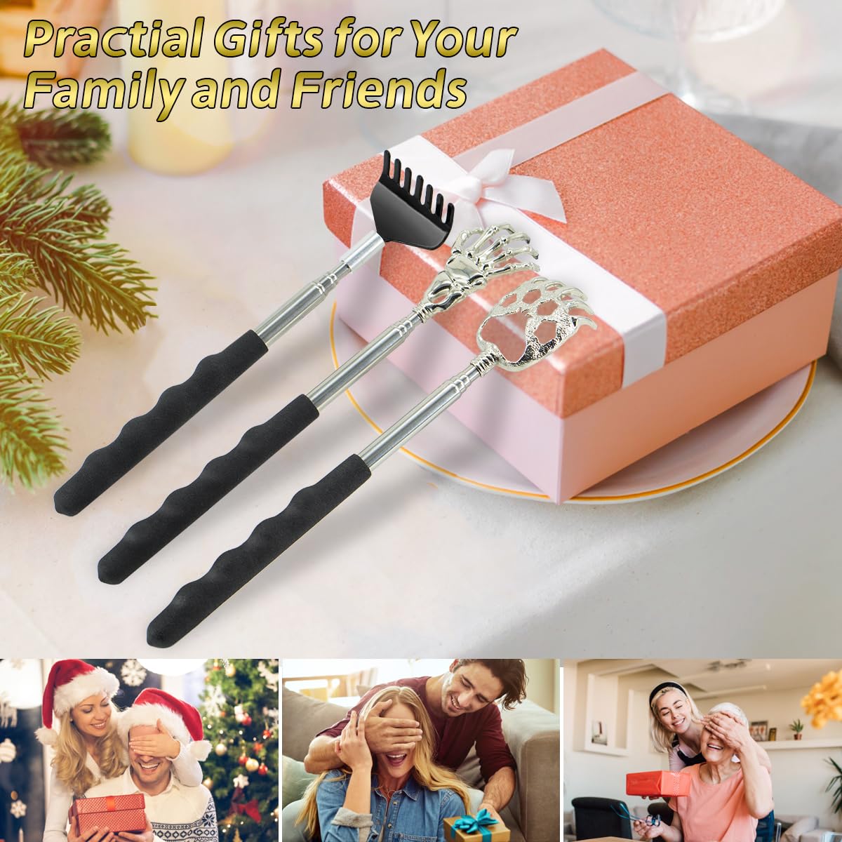 Asqraqo Back Scratcher 3 Pcs Different Design Telescopic Back scratchers with a Pretty Box, Portable Extendable Back Massager Great Gifts for Men or Women Stocking Stuffers