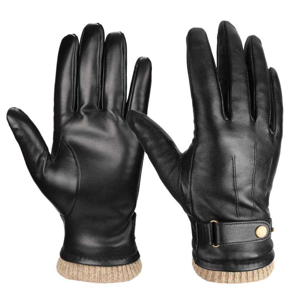 OZERO Mens Winter Gloves Genuine Nappa Leather Soft Warm Wool Lining Phone Texting Touchscreen Glove - Thermal Gifts for Husband or Dad Black Large