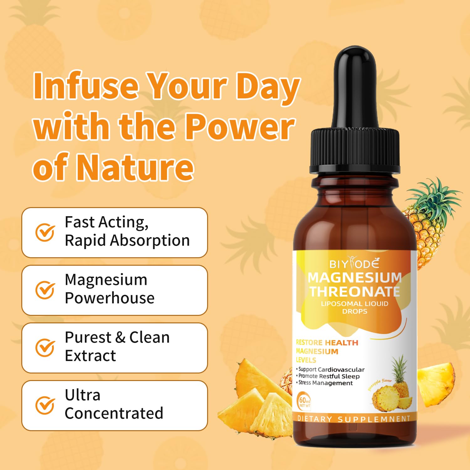 Magnesium L-Threonate Liquid Drops Restore Health Magnesium Levels Support Cardiovascular Promote Restful Sleep Stress Management 60ml Net Wt Pineapple Flavor