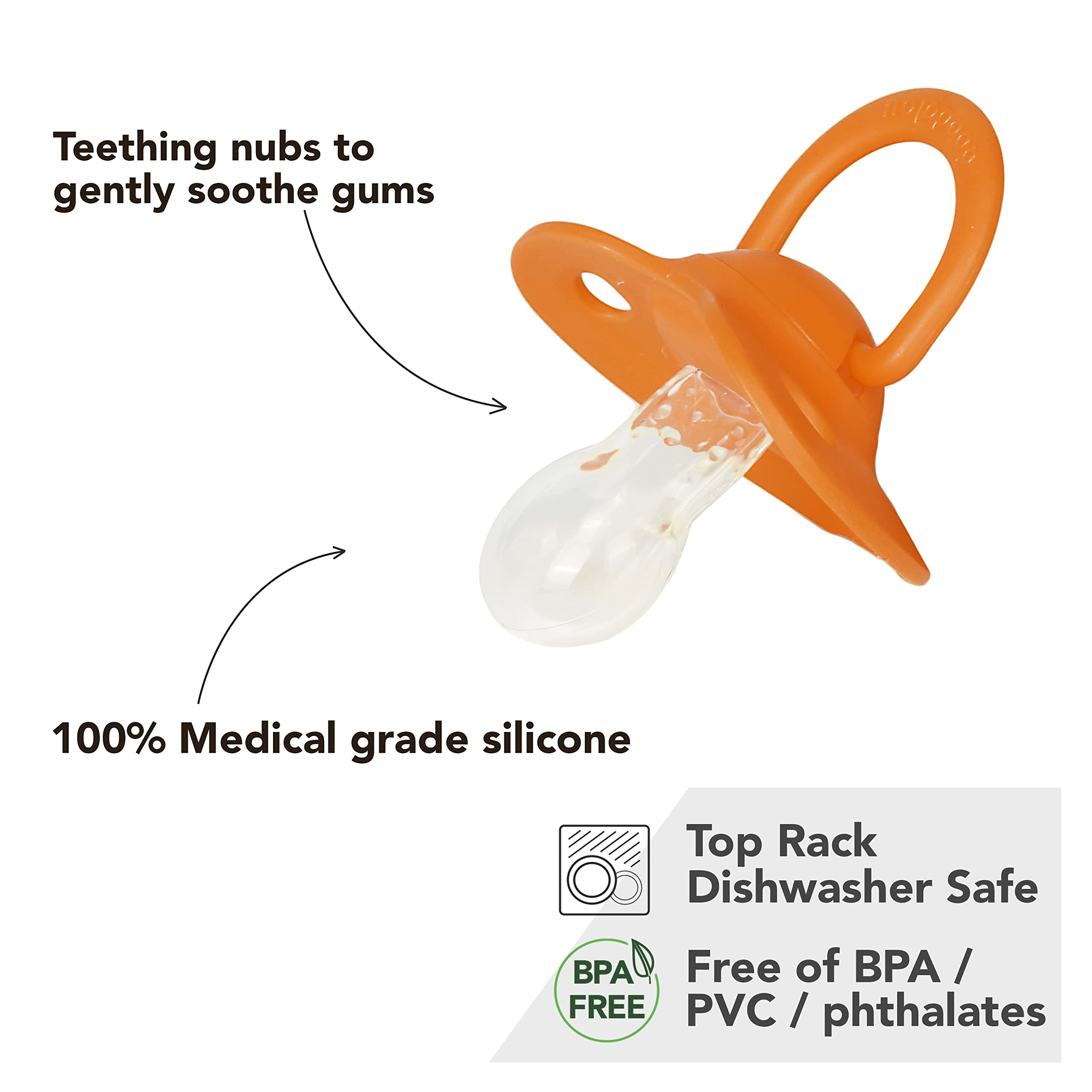 Doodalou Silicone Baby Pacifier - Set of 2 | Safe, Hygienic, and Soothing Teething Relief for Babies | Newborn Pacifier | 100% Medical Grade Silicone, Dishwasher Safe - Orange Black Small